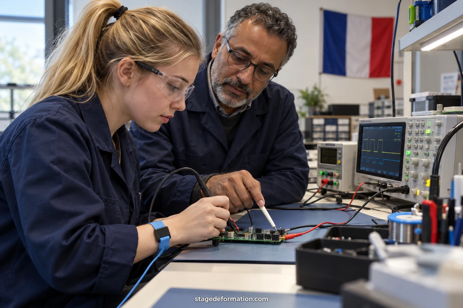 Studierende des Ingenieurwesens prüfen in einem technischen Labor einen Prüfstand und Messprotokolle