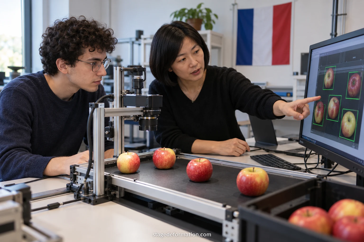 Étudiants en informatique discutant devant un écran affichant des courbes d’apprentissage d’un modèle