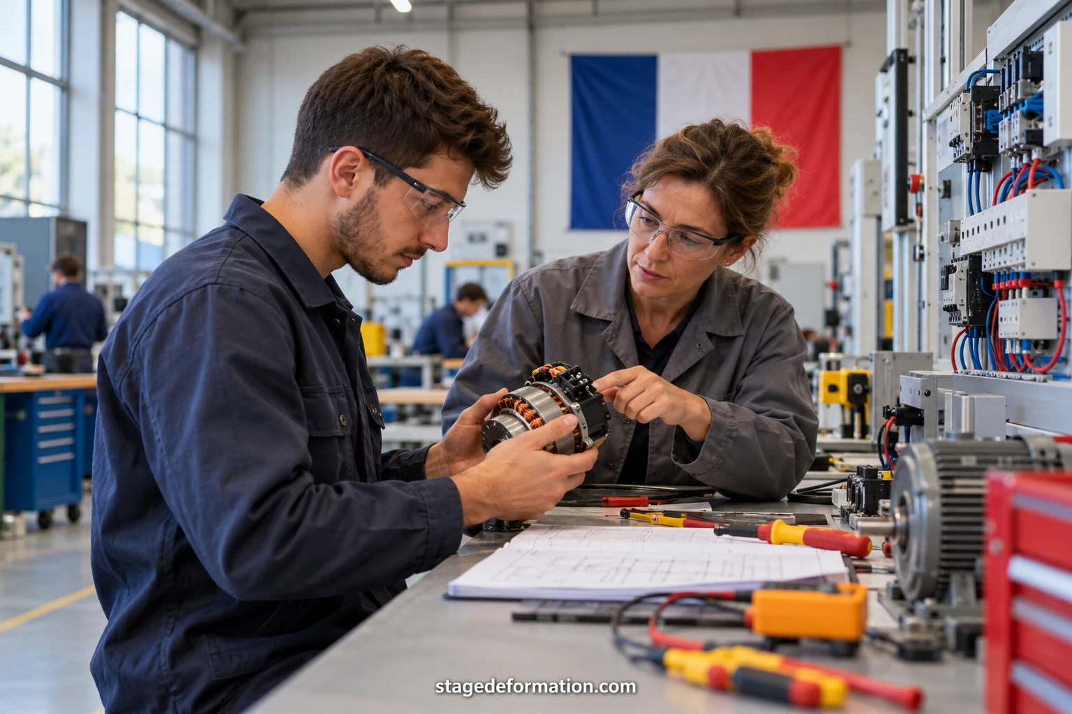 Junge Praktikanten und Auszubildende sprechen in einem hellen Büro in Frankreich mit ihrer Betreuungsperson