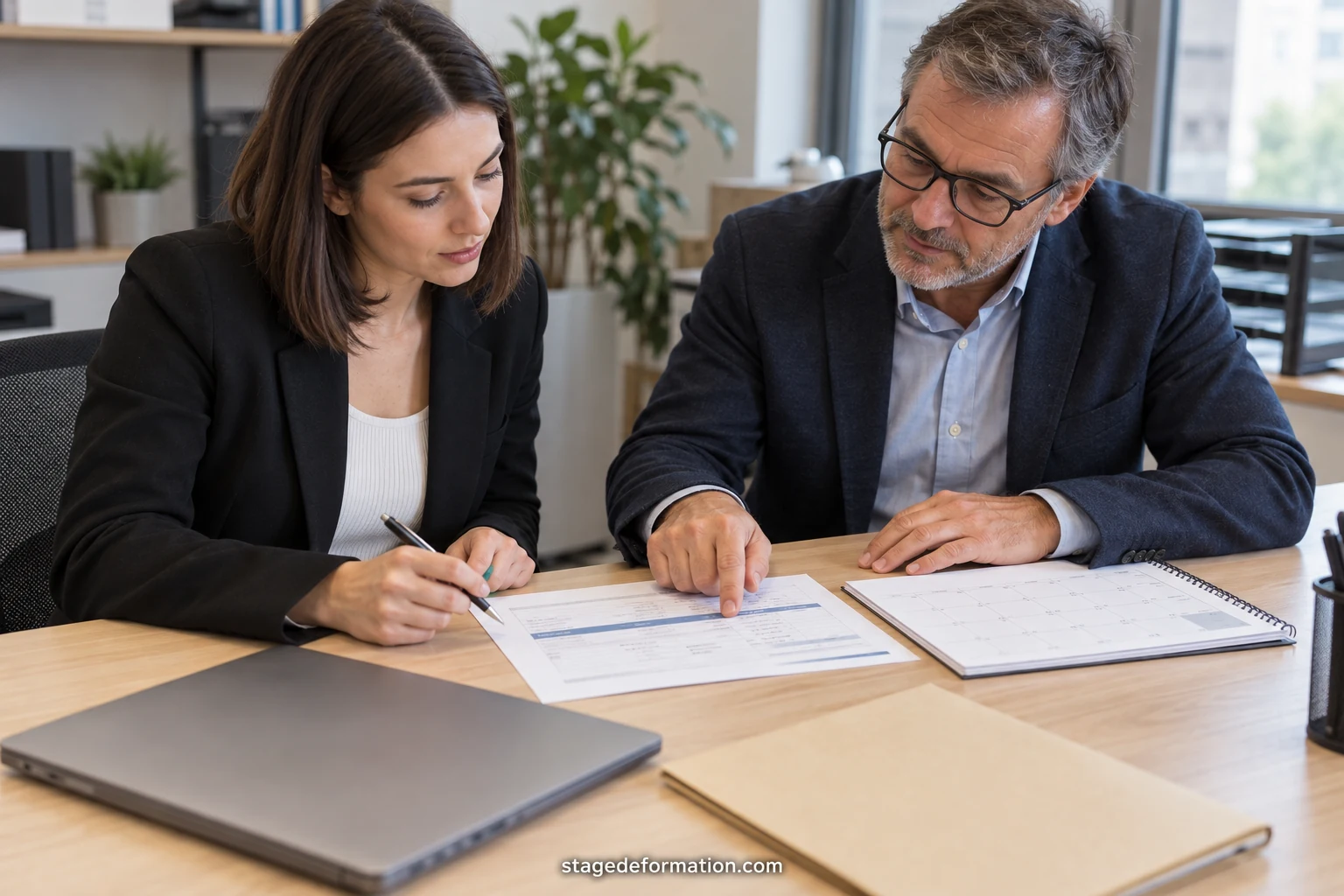Student and company supervisor reviewing an internship agreement and a statement of hours worked together