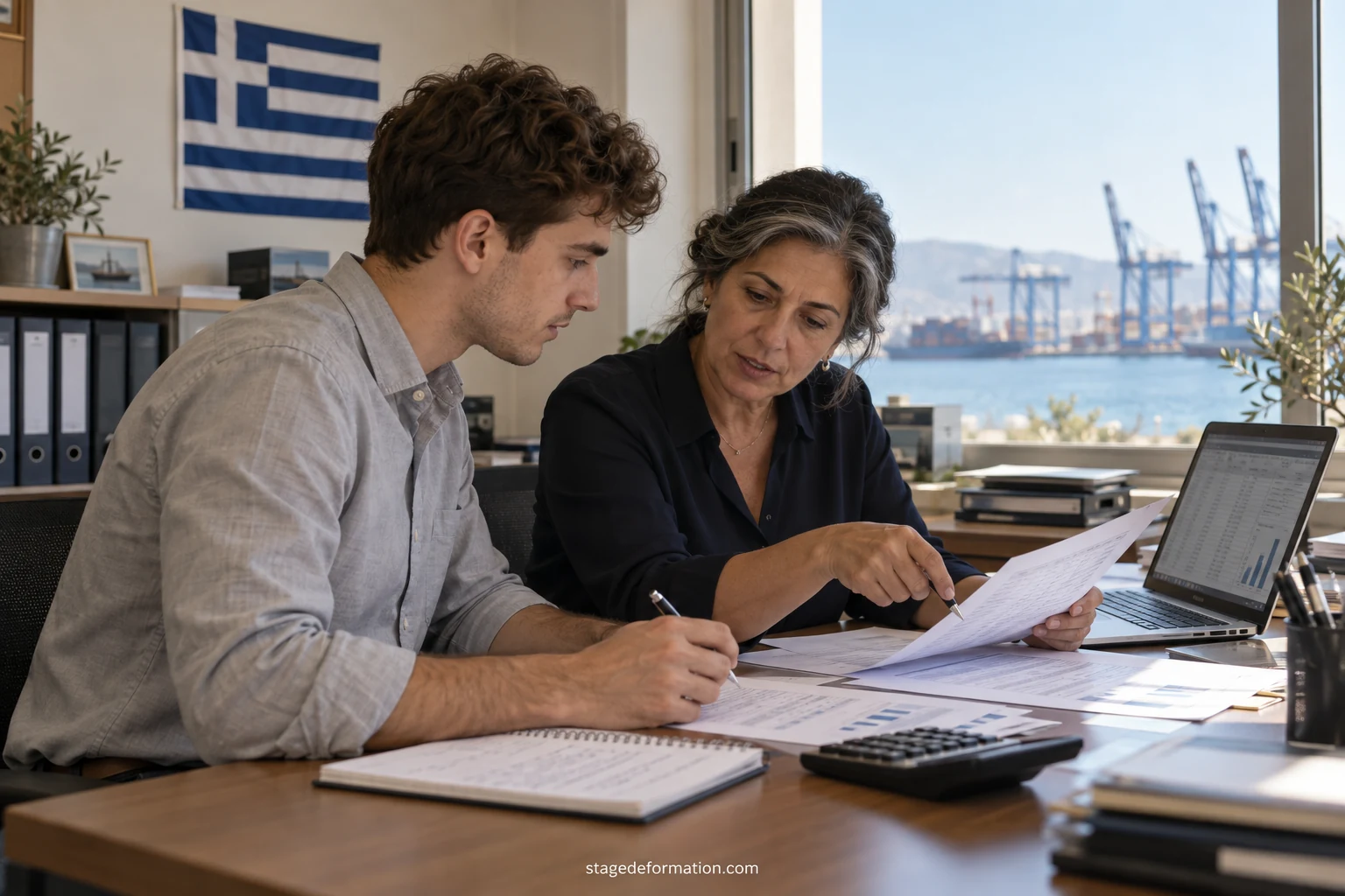 Jeune analyste en finance travaillant sur des graphiques de marché dans un bureau lumineux à Athènes