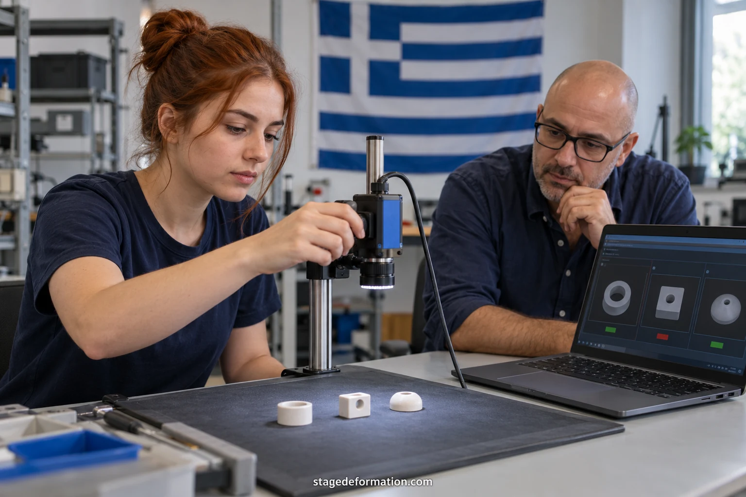 Étudiants devant un écran affichant des courbes d’apprentissage automatique dans un laboratoire d’informatique en Grèce