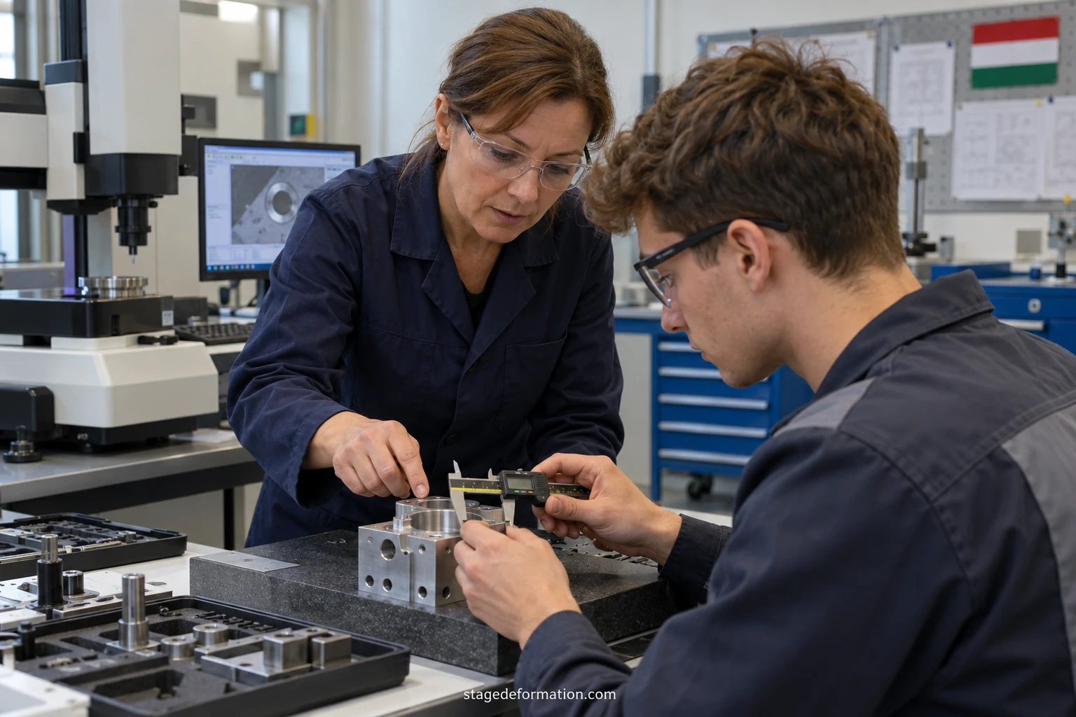 Étudiants en tenue de sécurité observant un bras robotisé sur une ligne de production dans une usine hongroise