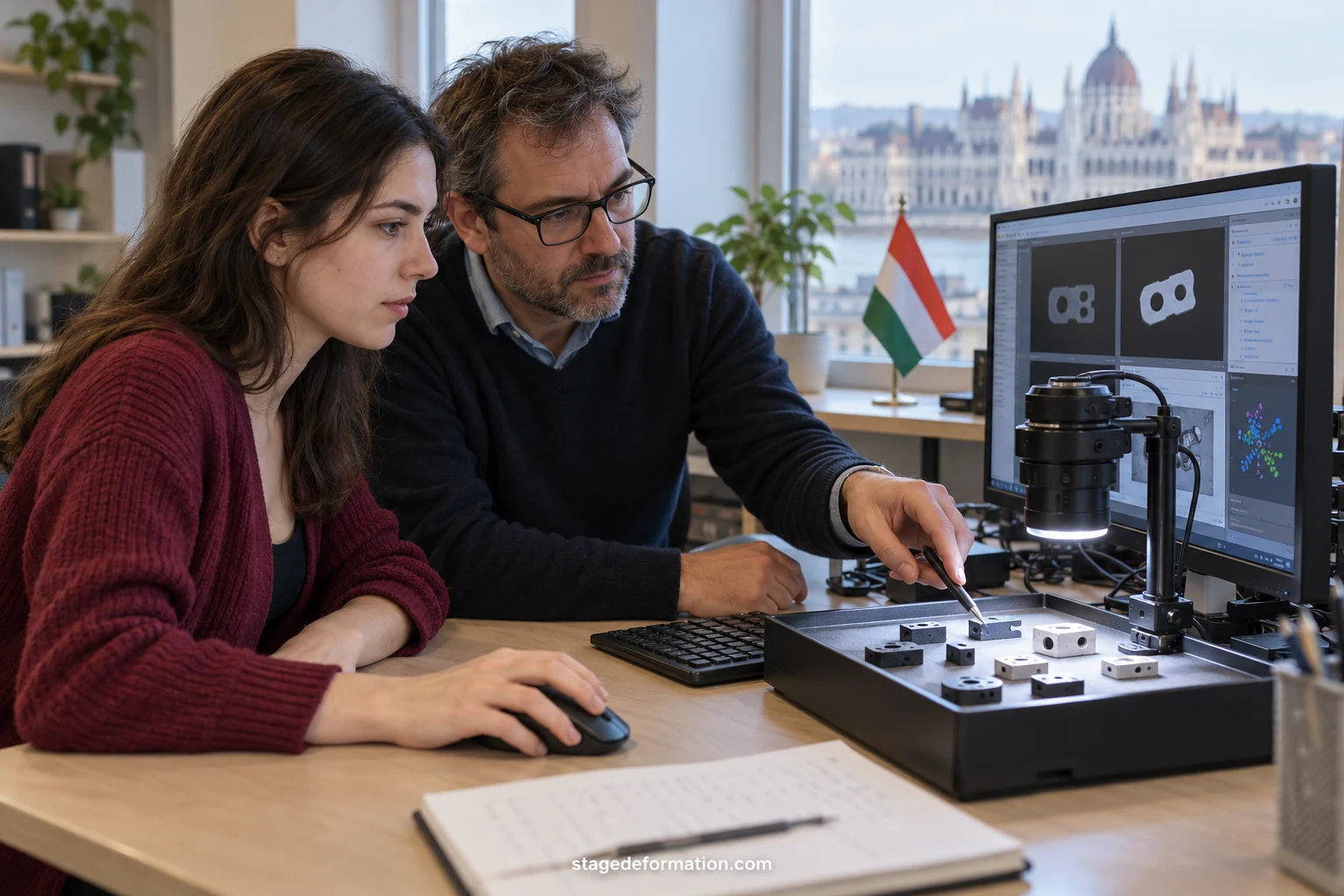 Hallgatók adatokon és gépi tanulási modelleken dolgoznak egy informatikai laboratóriumban
