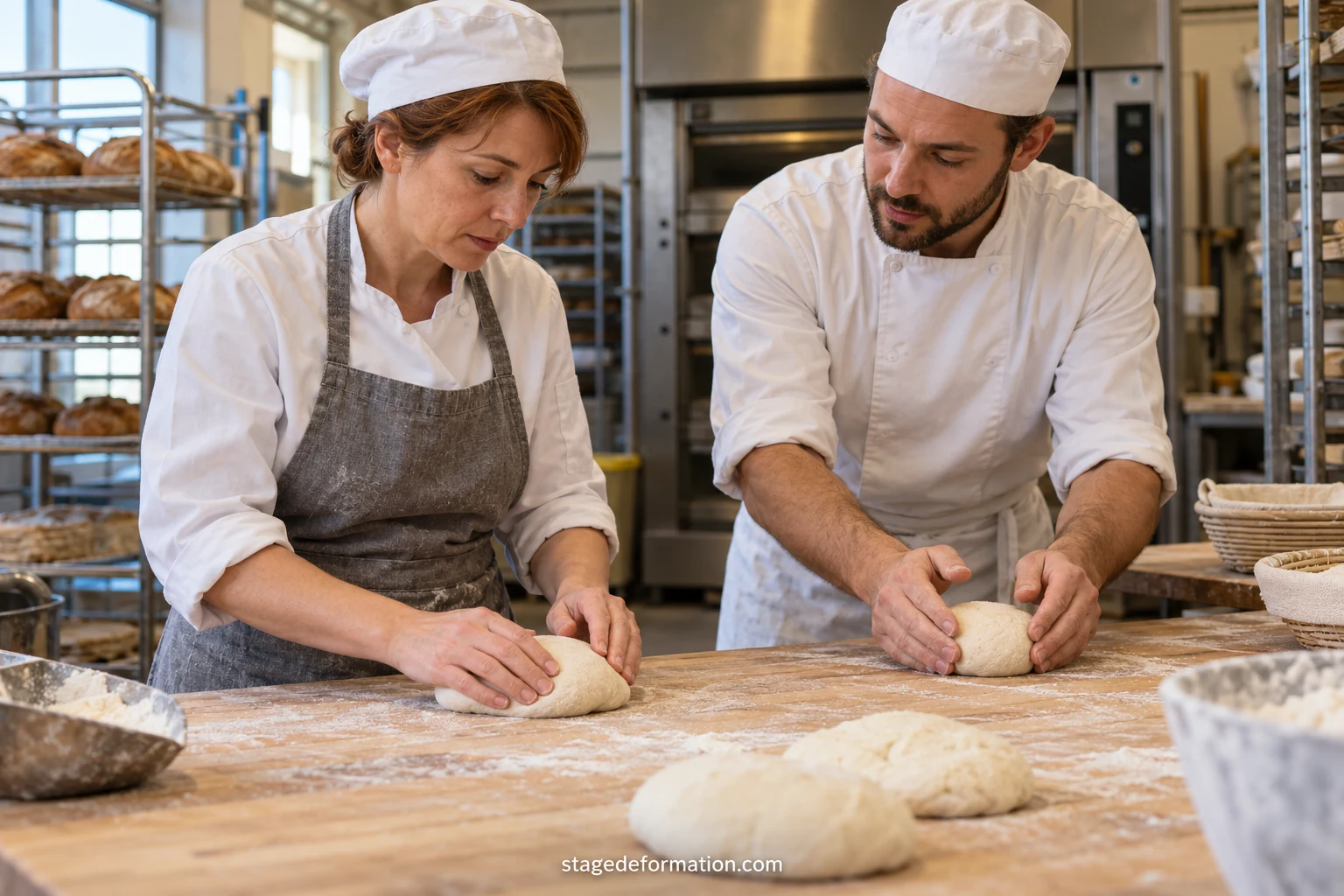 Personne en immersion observant le travail d’un professionnel dans un atelier avec un tuteur à ses côtés