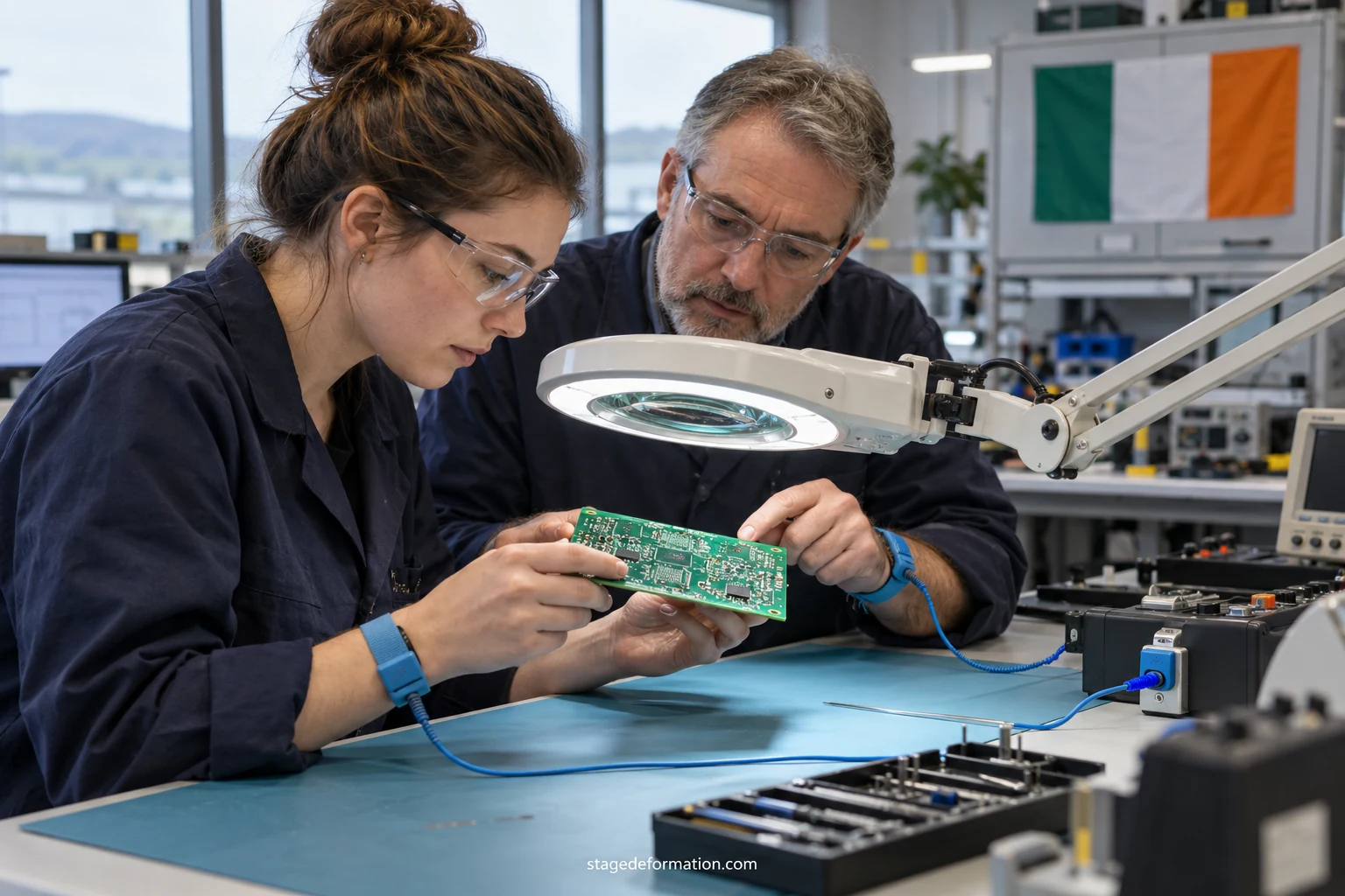 Engineering student handling an electronic prototype next to a technician in an Irish laboratory
