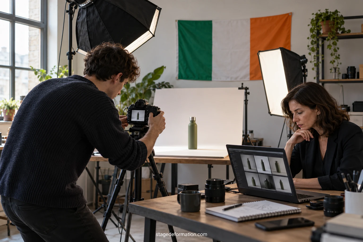 Intern presenting a mock-up of an advertising campaign to two colleagues around a table in an agency