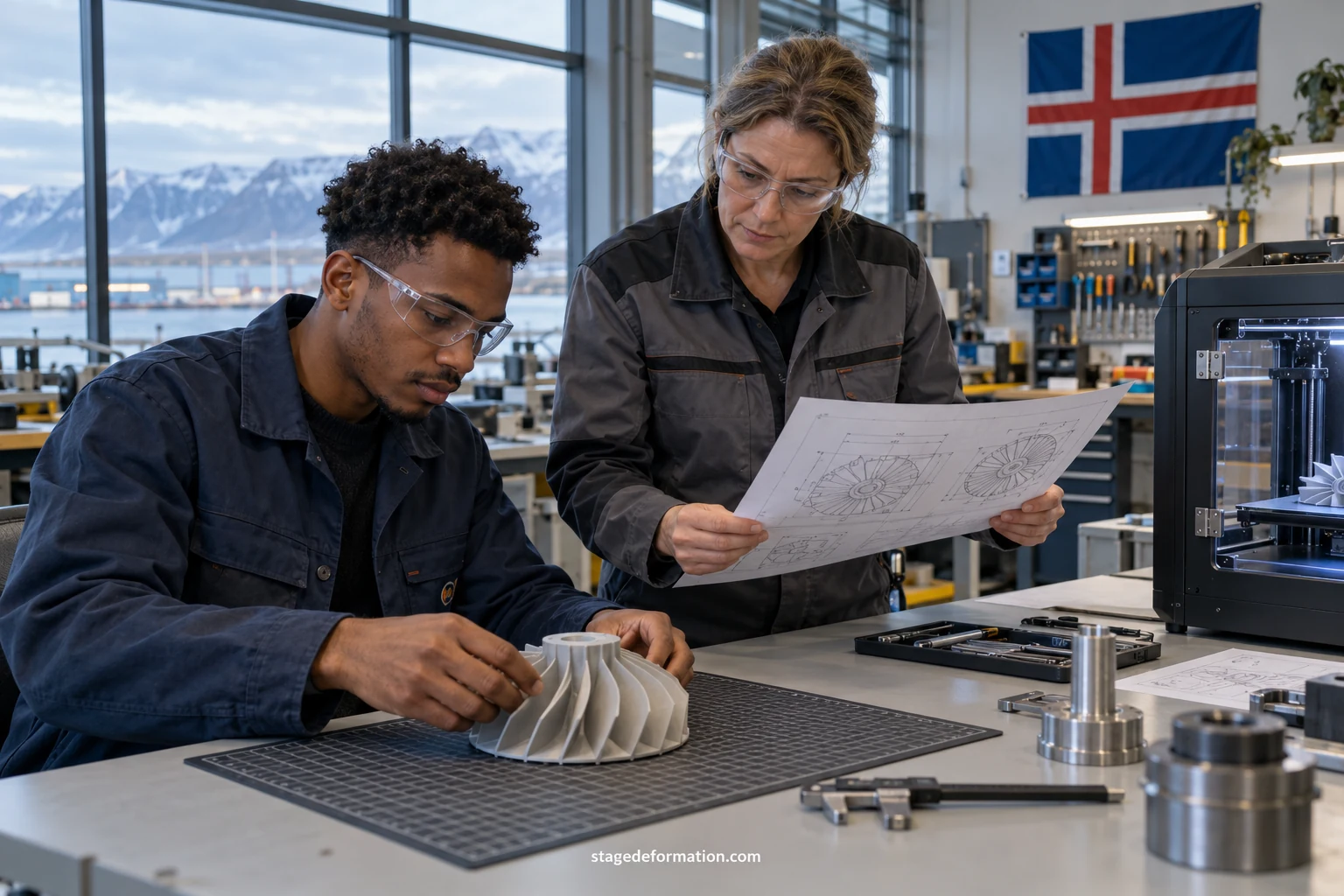 Ingénieurs en casque et gilet examinant un équipement sur un site industriel islandais entouré de relief volcanique