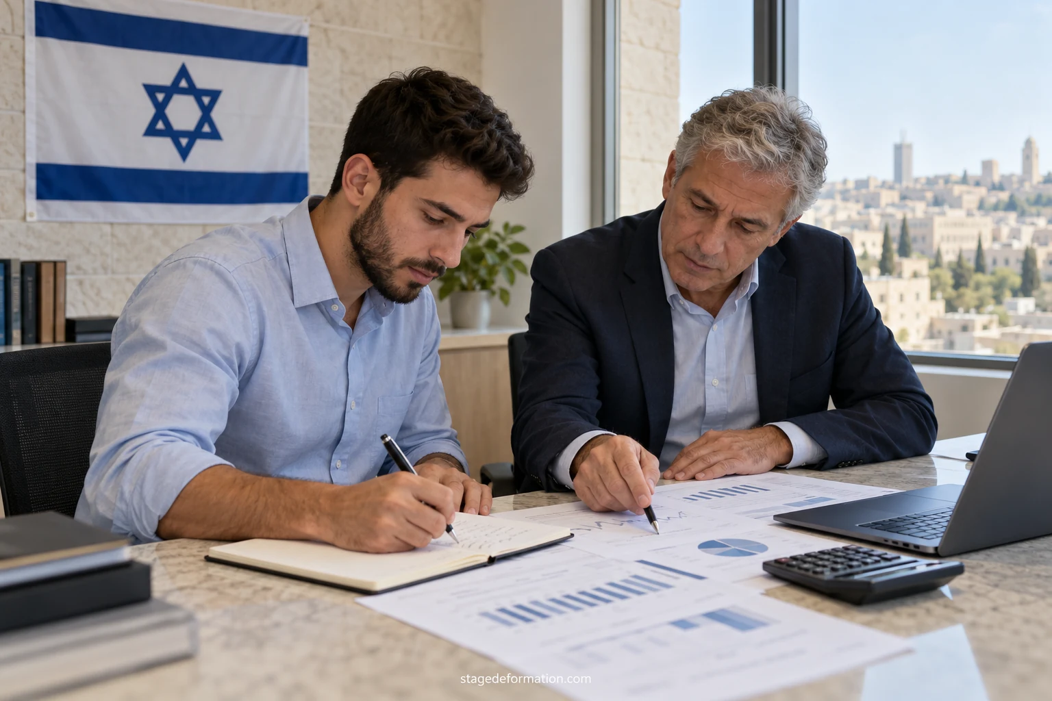 מתמחה צעיר בתחום המימון מנתח גרפים של שוק ההון על מסך בחדר מסחר מודרני