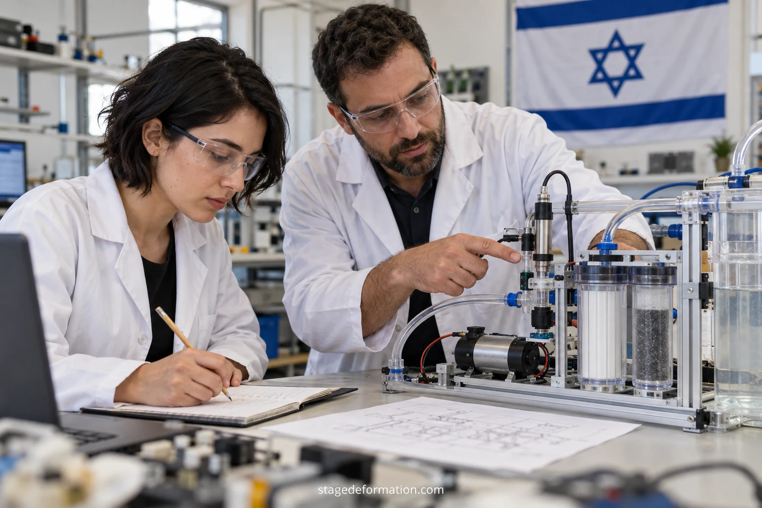 Étudiante en ingénierie testant un circuit électronique sur un banc de mesure dans un laboratoire