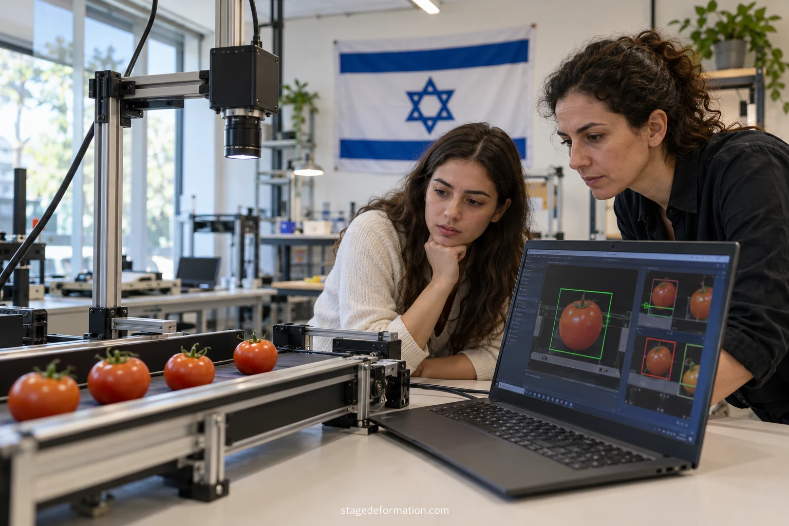 Étudiante en intelligence artificielle examinant des résultats de modèle sur deux écrans dans un laboratoire informatique
