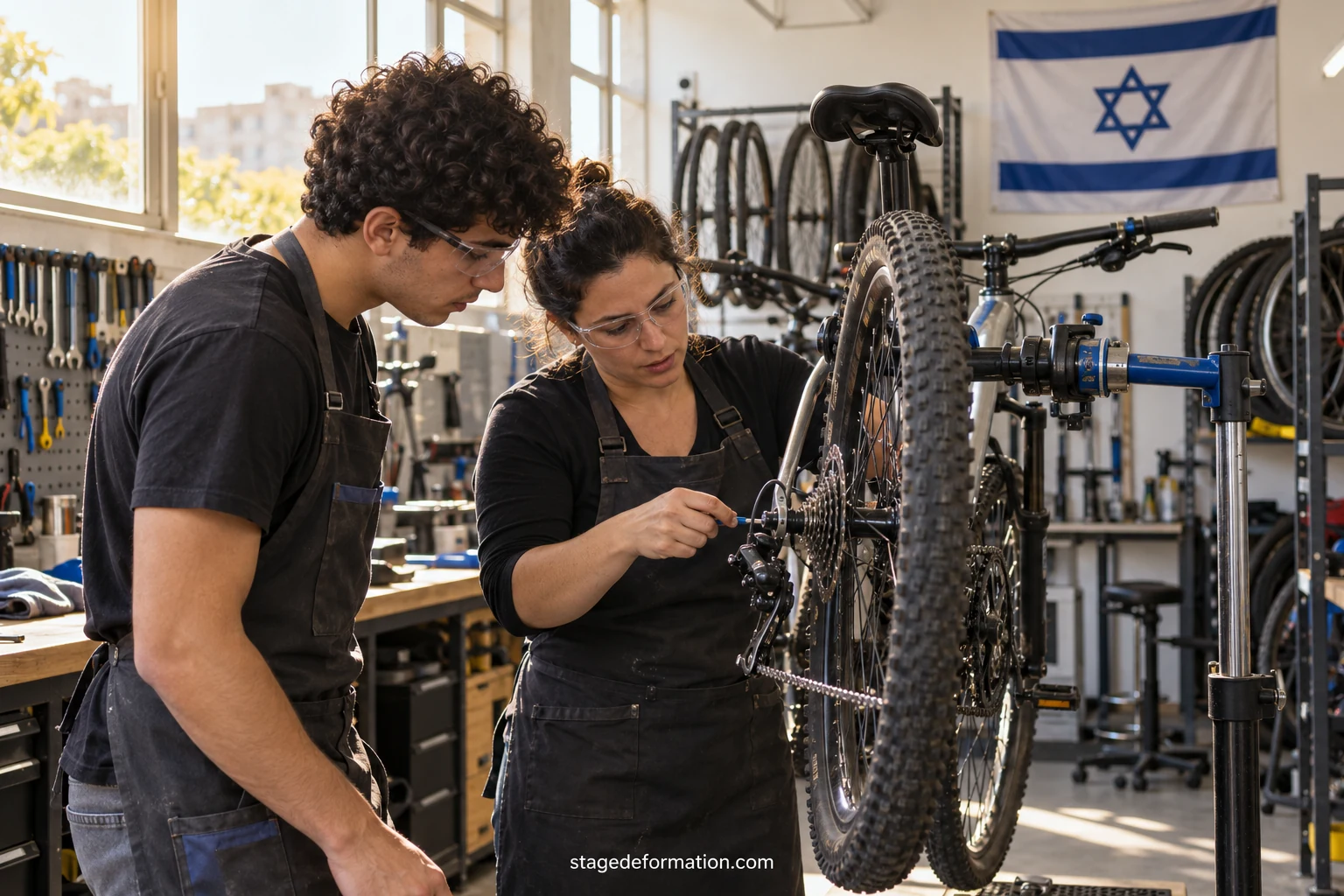 Jeunes stagiaires travaillant ensemble sur des ordinateurs portables dans un espace de bureau lumineux à Tel Aviv