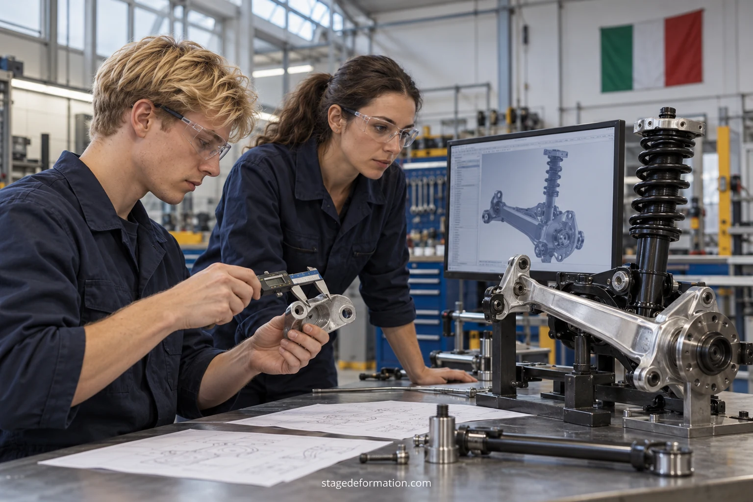 Ingegneri che esaminano un pezzo meccanico e un disegno tecnico in un reparto industriale italiano