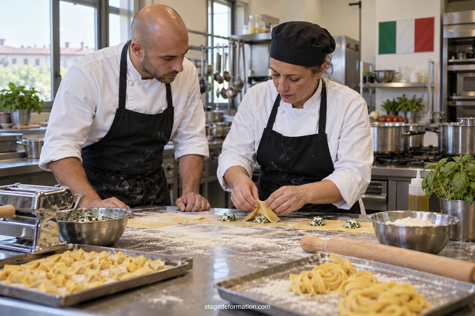 Giovane tirocinante che parla con il proprio tutor in un laboratorio di produzione italiano con grandi finestre