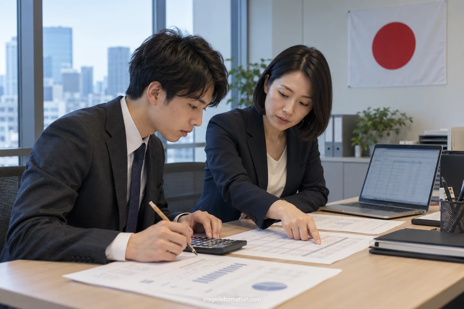 Étudiants en tenue professionnelle suivant une présentation financière dans une salle de réunion à Tokyo