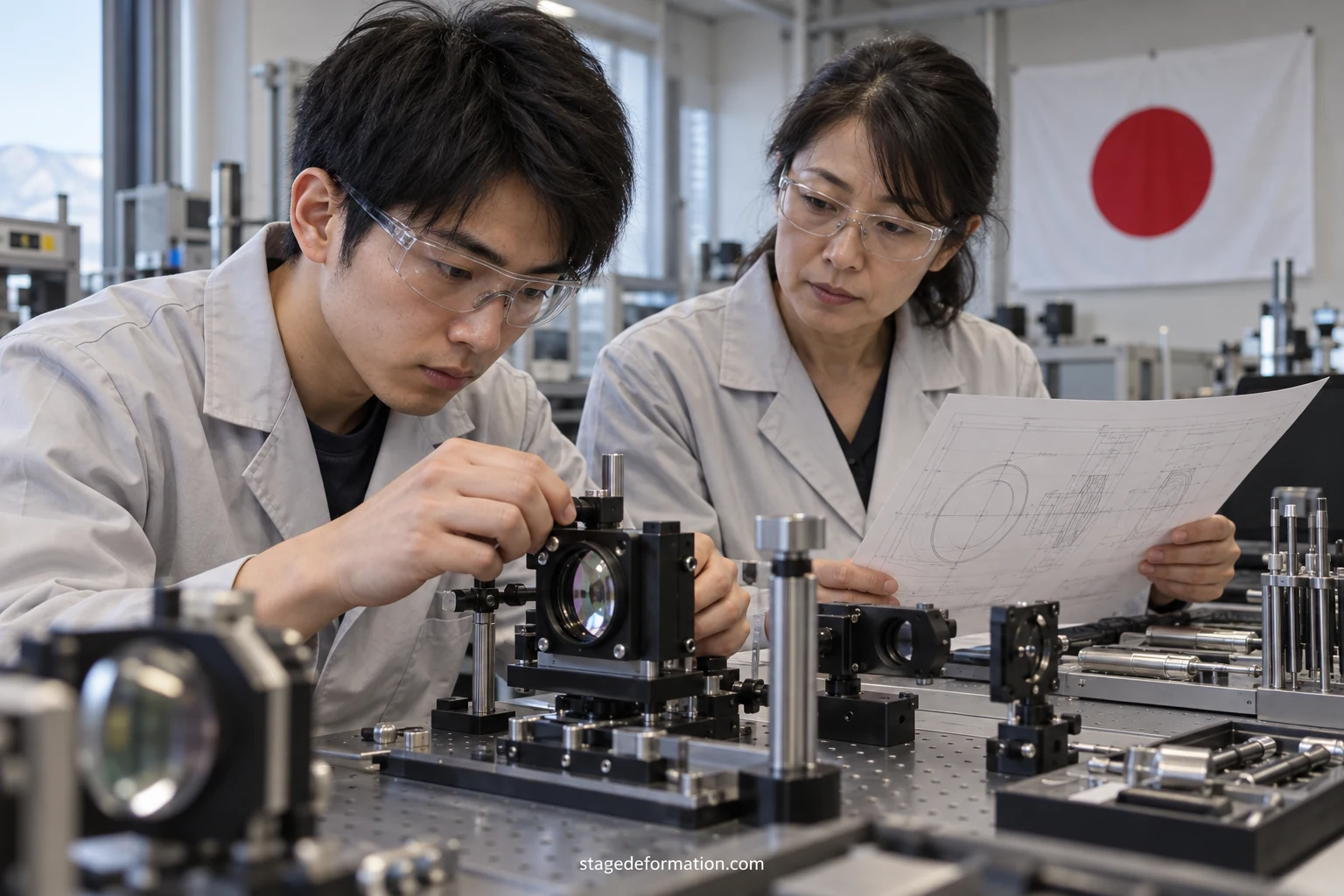 Étudiant ingénieur ajustant un montage de mesure sur un établi dans un laboratoire d'essais japonais