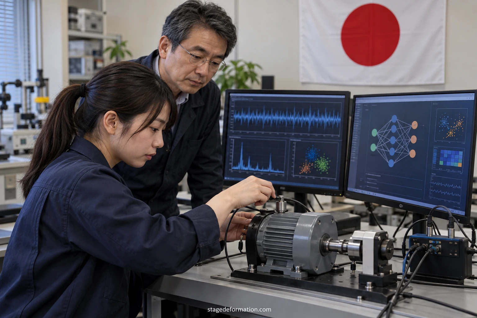 Chercheurs et étudiants discutant des résultats d’un modèle d’apprentissage automatique devant un écran dans un laboratoire