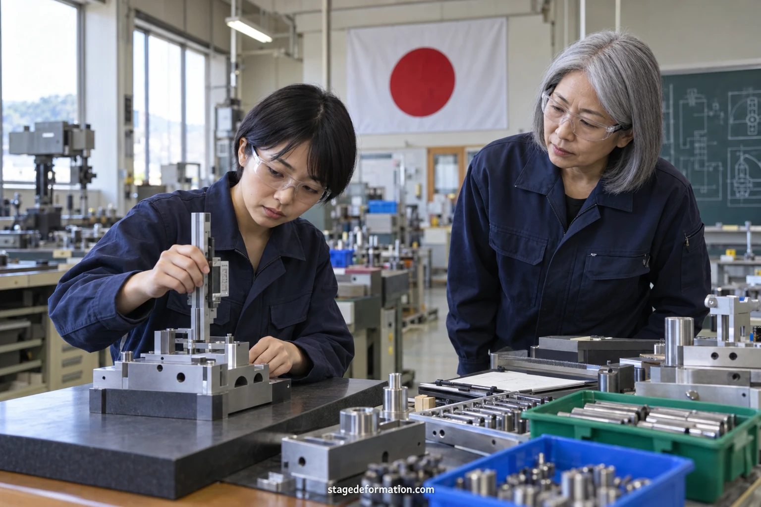 東京の近代的なオフィスで、スーツ姿の留学生たちが担当者と話し合っている様子