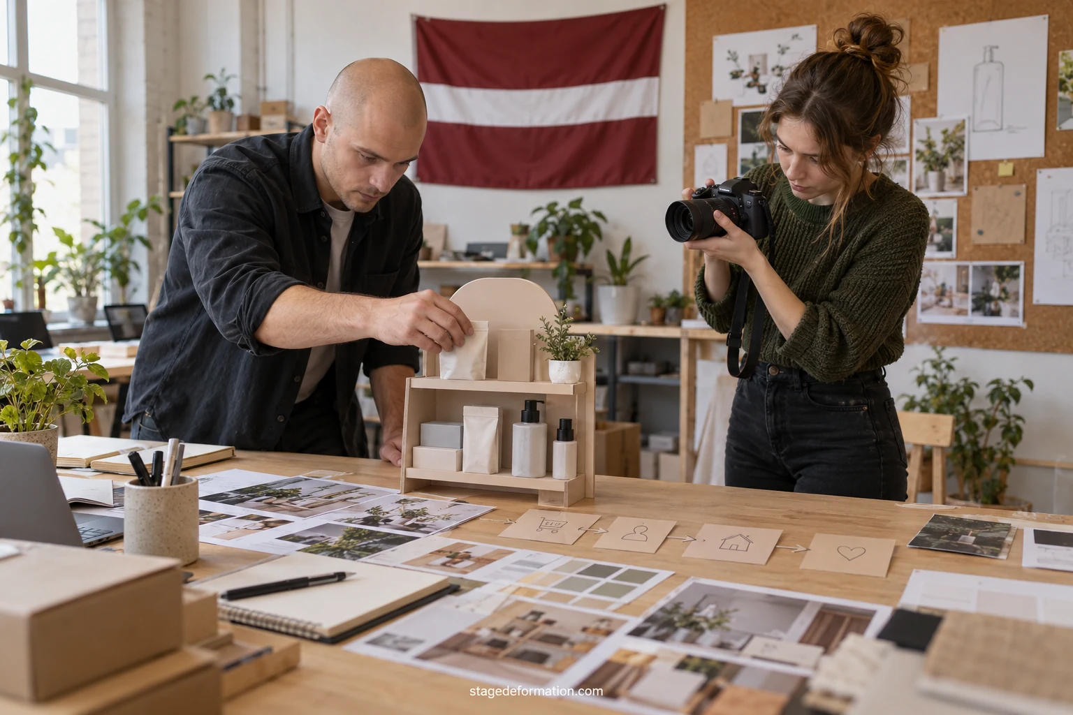 Jauns praktikants divām kolēģēm sanāksmju galdā rāda produkta lapas maketu