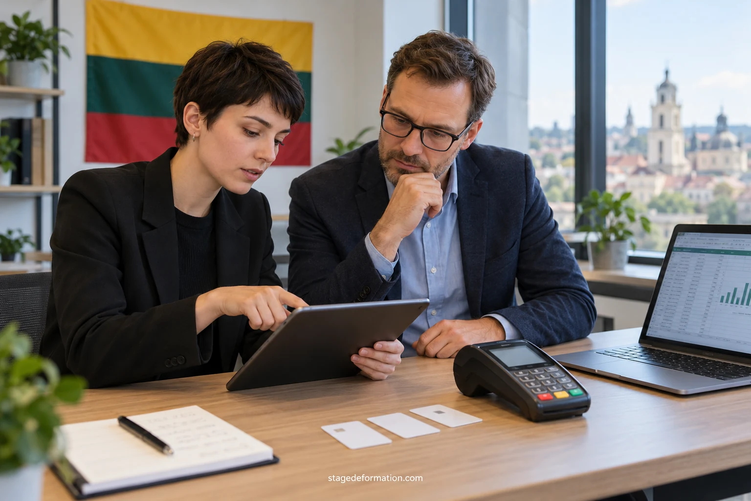 Stagiaire en finance analysant un tableau de paiements sur écran avec un collègue dans un bureau de Vilnius