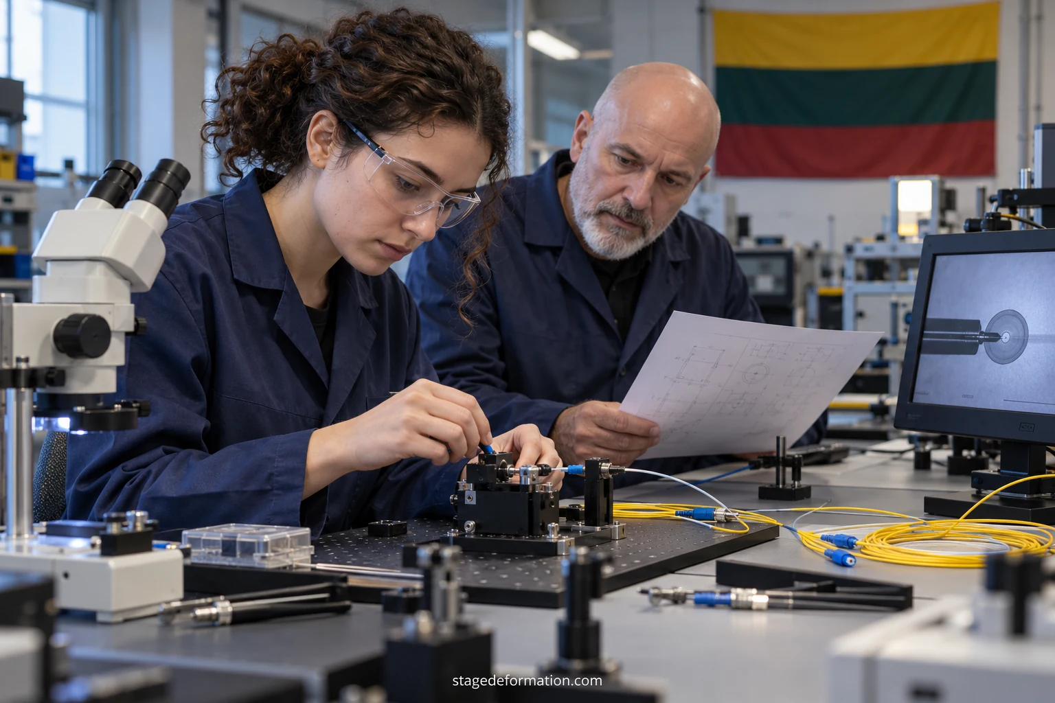 Stagiaire ingénieur testant une carte électronique sur un banc de mesure dans un atelier technique lituanien