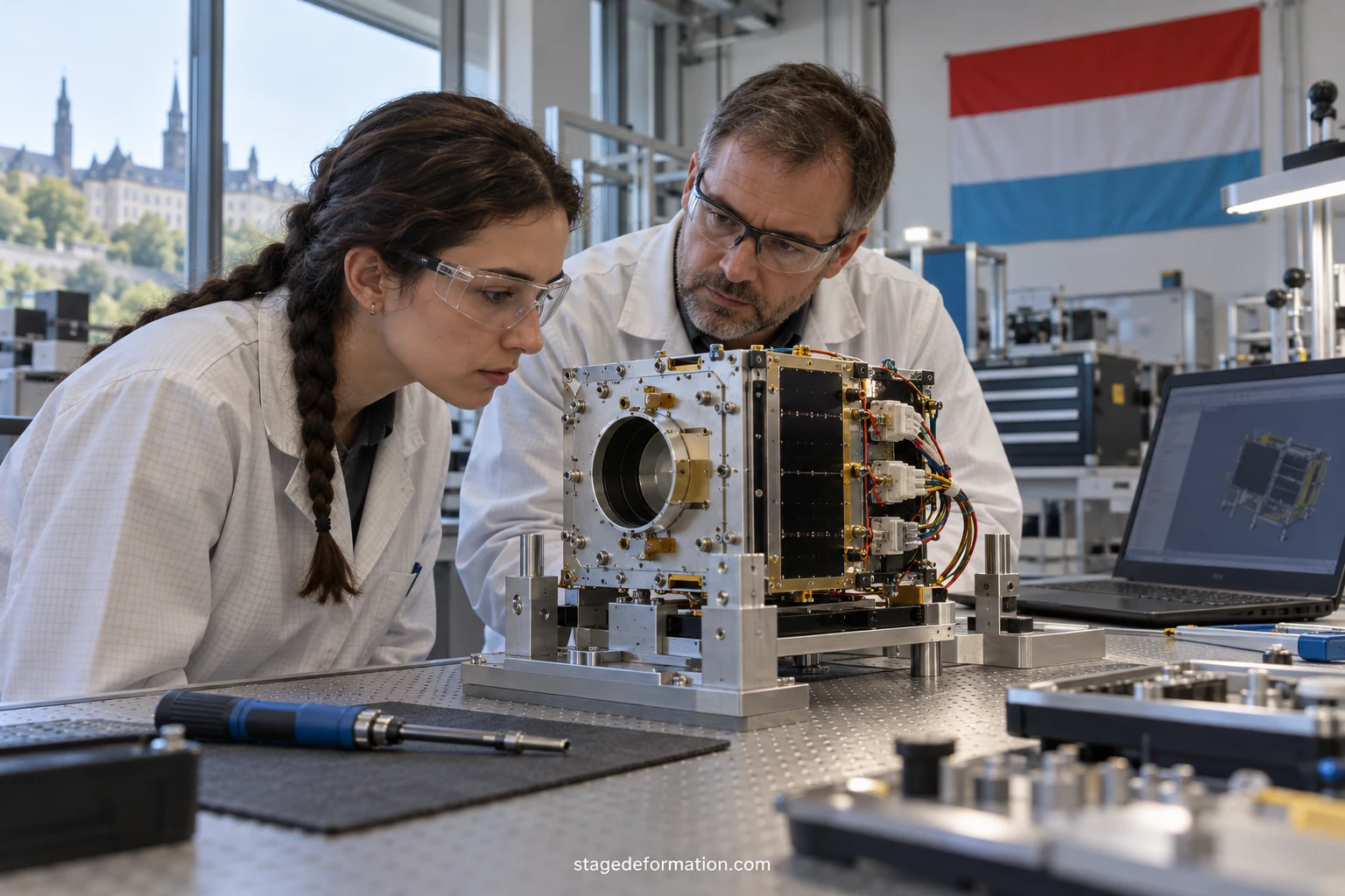 Étudiants ingénieurs observant un prototype électronique dans un laboratoire lumineux de recherche appliquée
