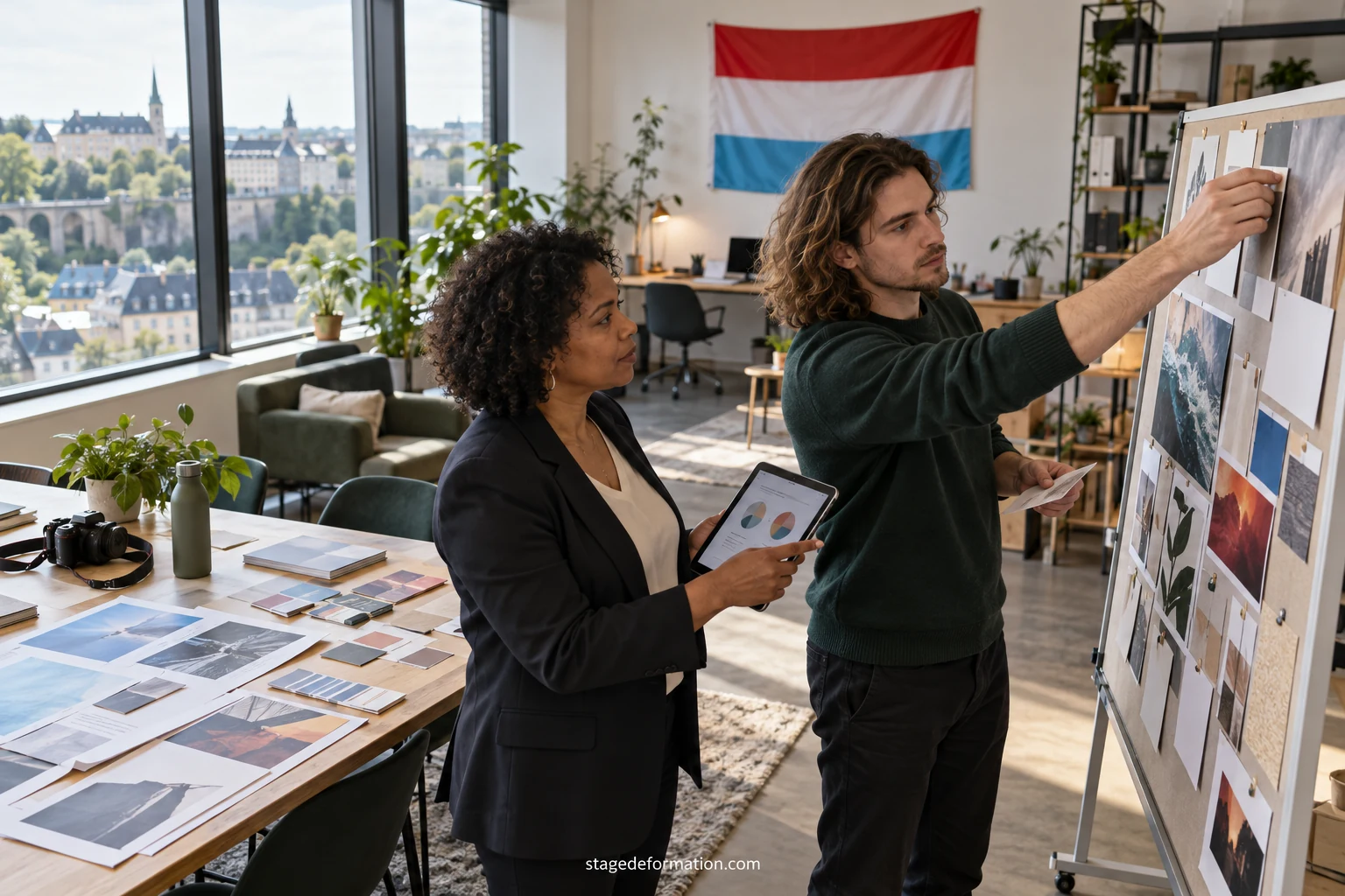 Stagiaire en marketing présentant une maquette de campagne multilingue à une équipe réunie autour d'une table