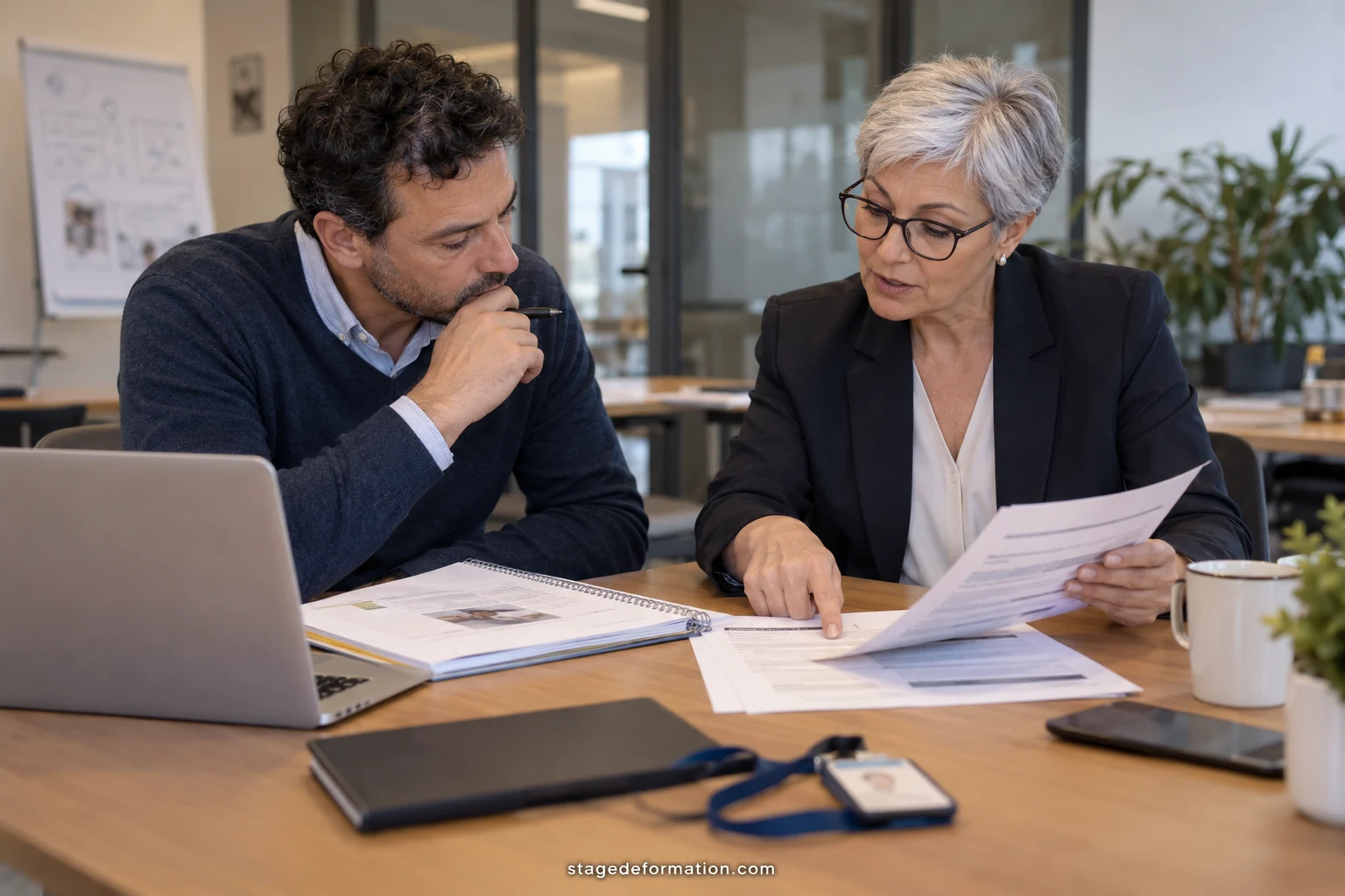 Salarié en reconversion étudiant un dossier de formation à son bureau avec ordinateur et documents