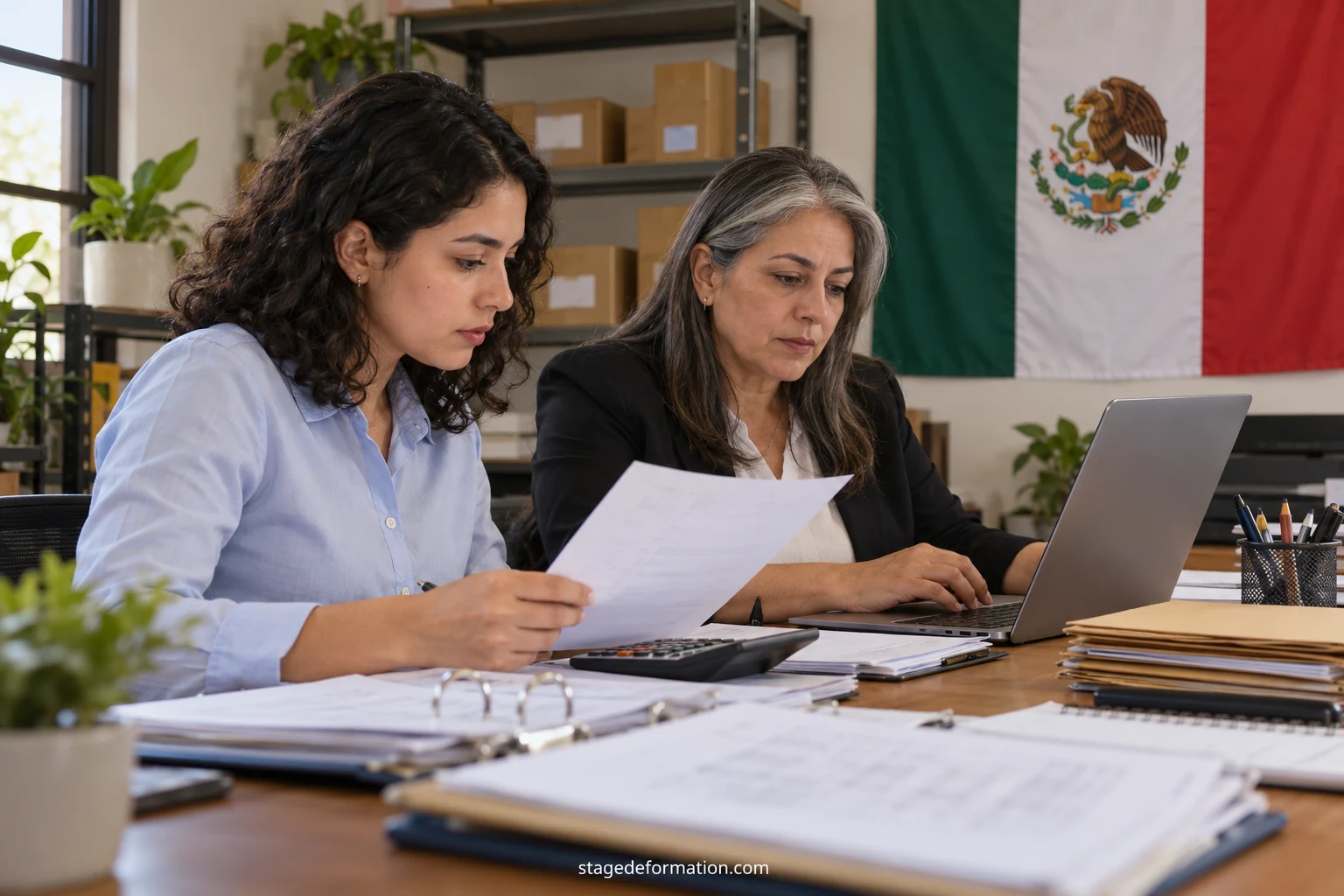 Estudiante analizando gráficos financieros en la pantalla de un ordenador junto a un tutor en la empresa