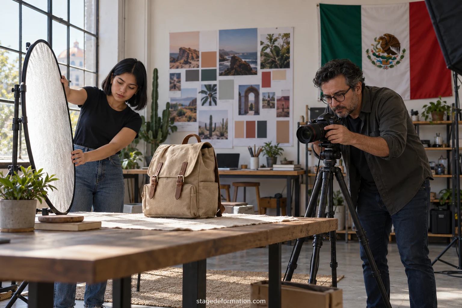 Stagiaire en marketing présentant à son équipe des photographies d’un produit alimentaire installées sur une table de travail