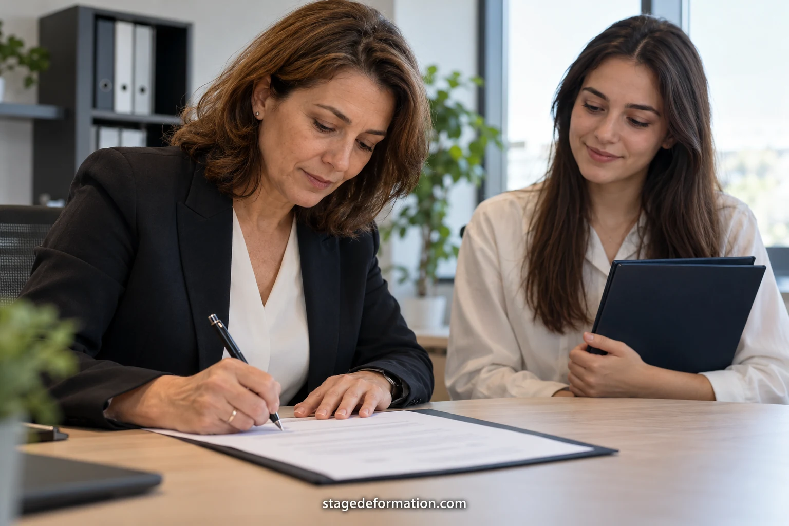Una estudiante y su tutora revisan juntas un documento de fin de prácticas en una oficina luminosa