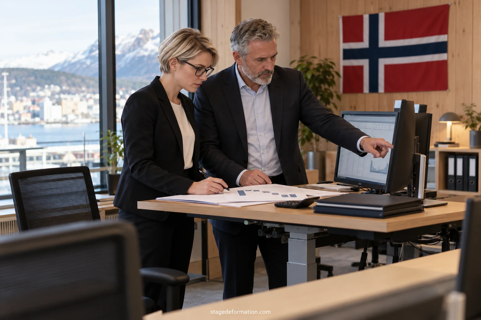 Jeune analyste examinant des graphiques financiers sur un écran dans un bureau de banque à Oslo