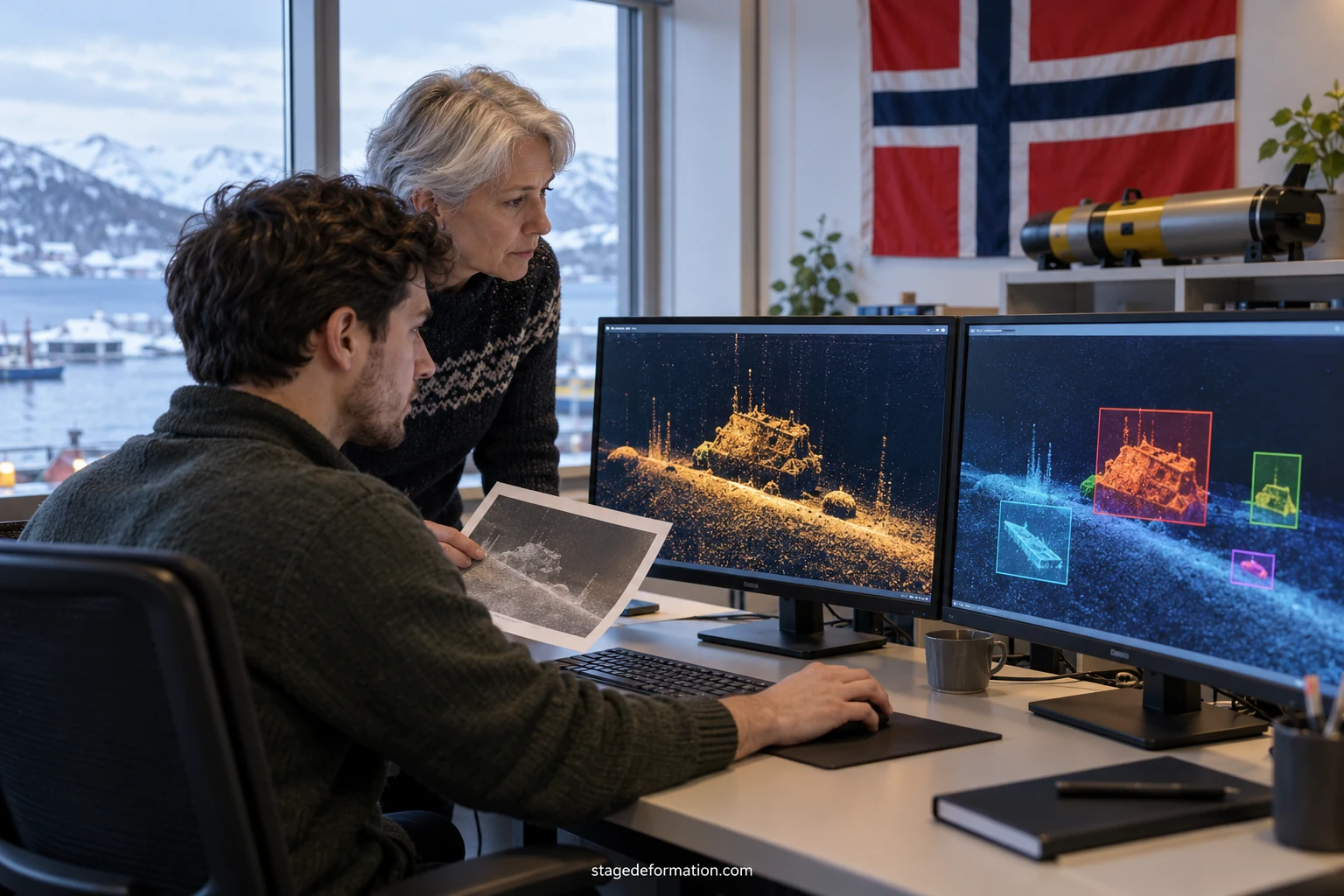Étudiant en informatique analysant des images de navires sur un écran dans un laboratoire de recherche
