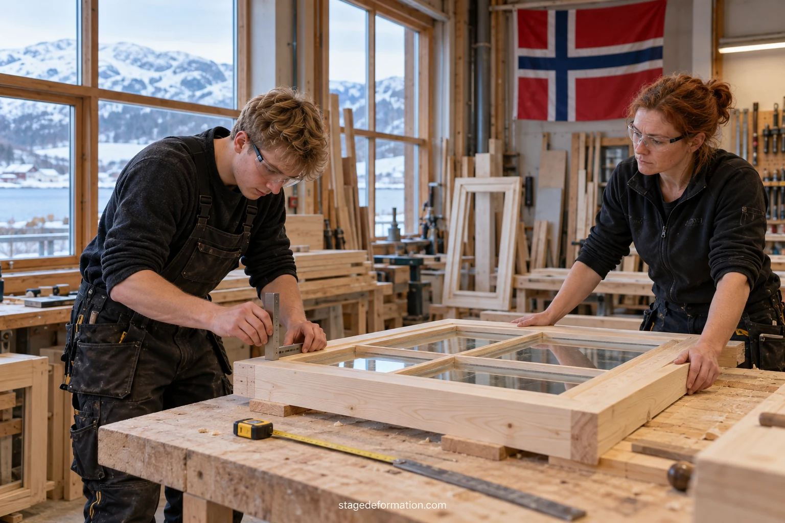 Étudiants discutant d'un projet autour d'une table dans un bureau lumineux en Norvège