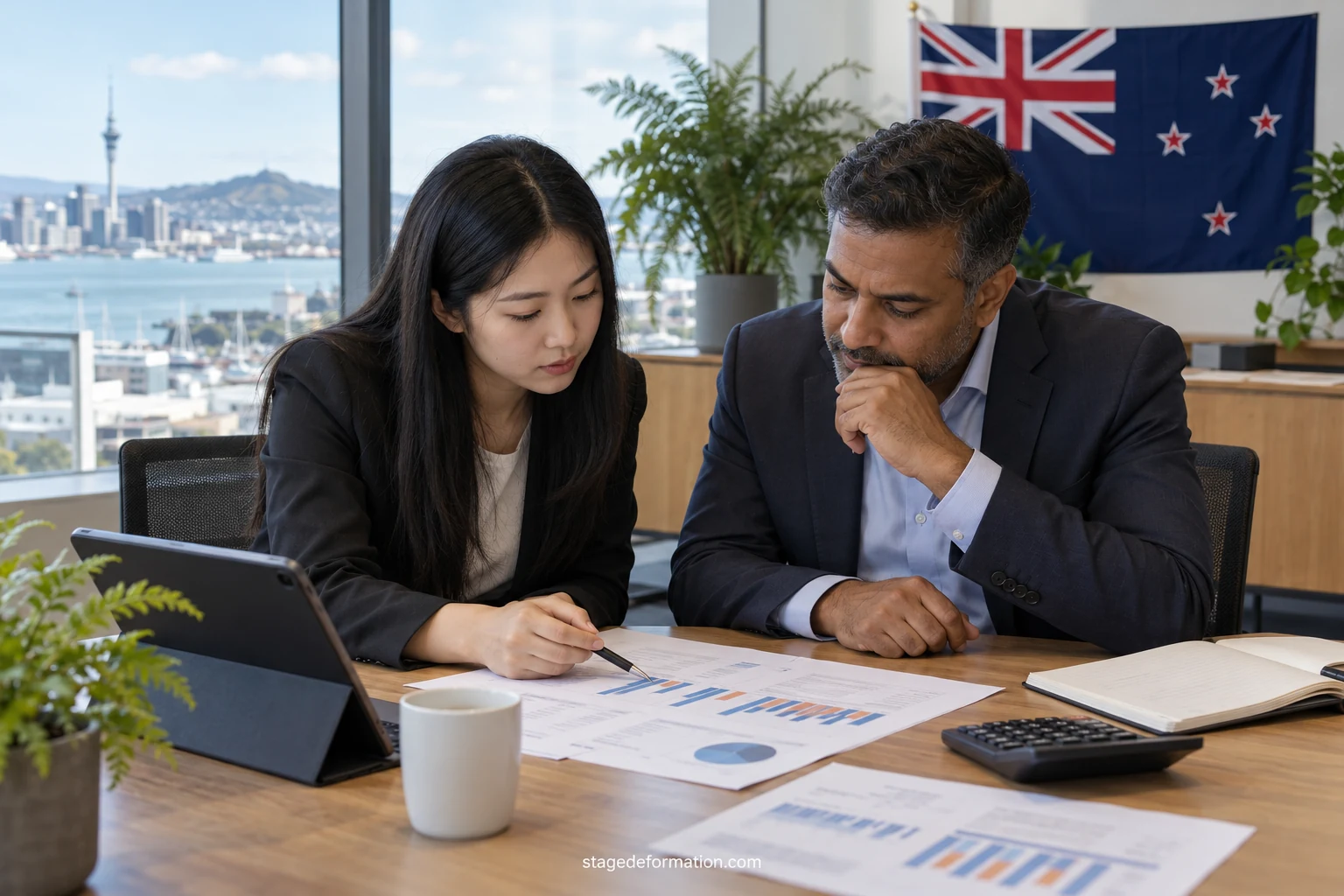 Finance student analysing a budget on a computer in a bright office in Auckland