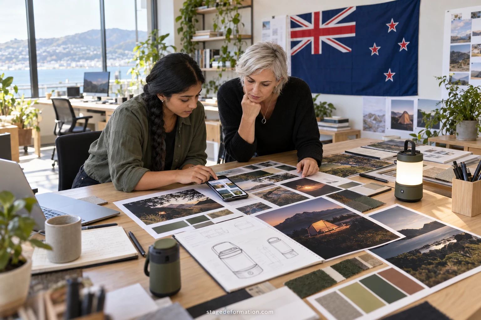 Marketing team gathered around a board of advertising storyboards for an outdoor product