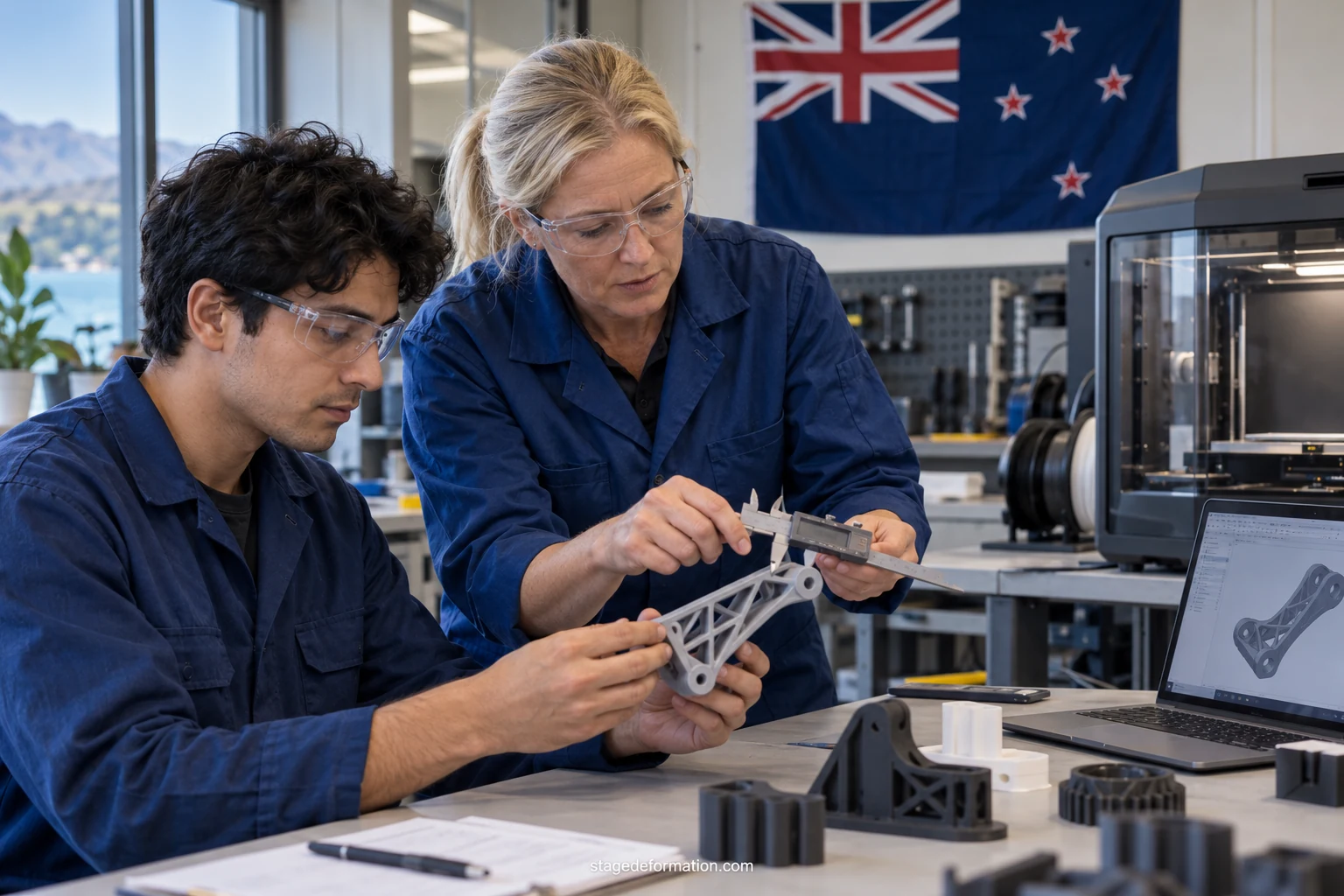 Ingénieurs et stagiaires examinant un prototype technique dans un atelier d’essais moderne en Nouvelle-Zélande