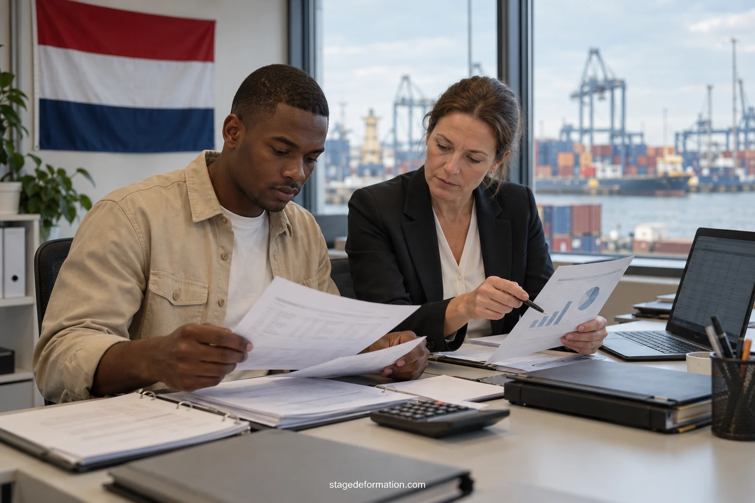 Jonge stagiairs analyseren cijfers op een scherm samen met hun begeleider op een financieel kantoor in Amsterdam