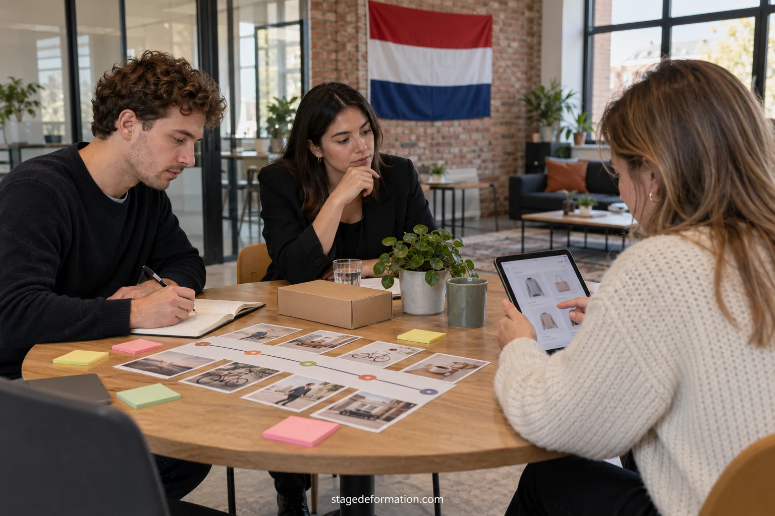 Marketingstagiair noteert de reacties van een bezoeker die een prototype van een webwinkel test op een open kantoor