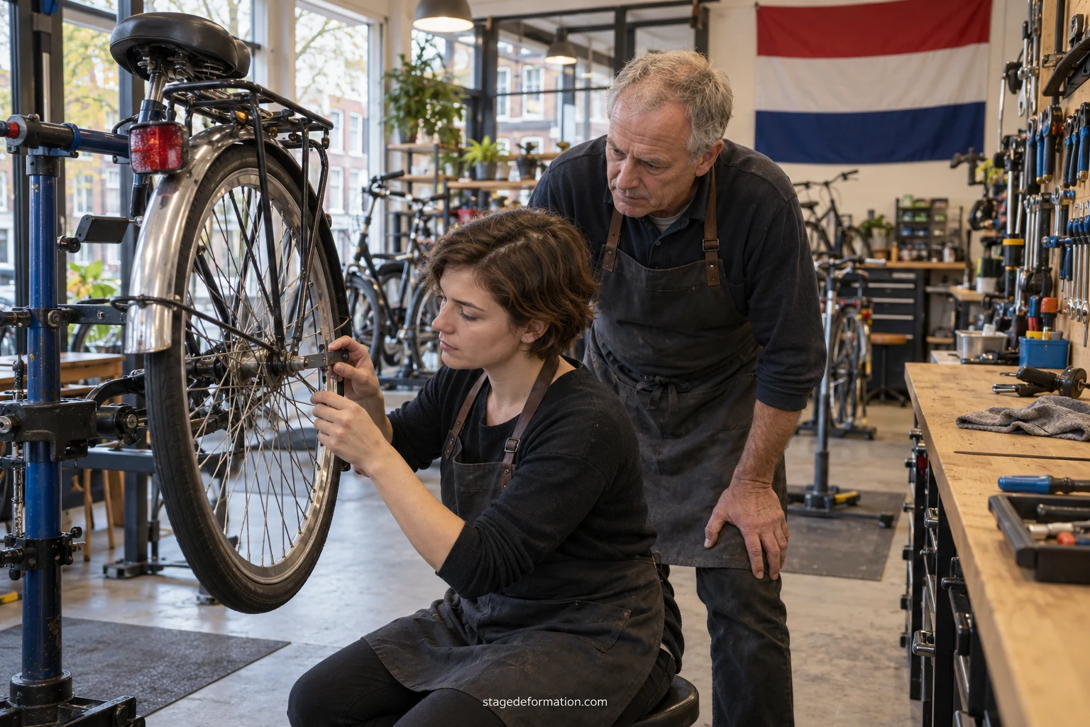 Studenten en mentor bespreken een stageproject rond een tafel in een lichtrijk Nederlands kantoor