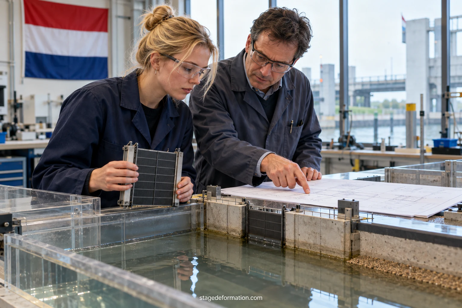 Student werktuigbouwkunde meet in een laboratorium het waterniveau bij een hydraulisch schaalmodel van een sluisdeur