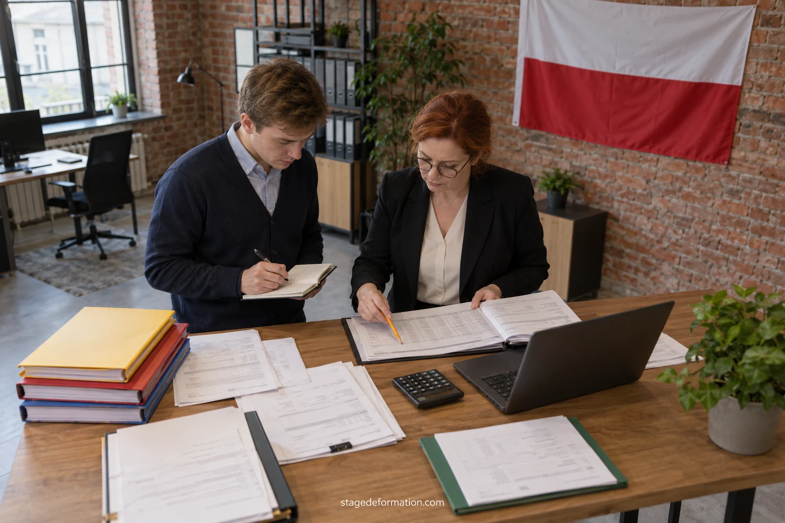 Stagiaire en finance travaillant sur des tableaux de comptes avec un collègue dans un bureau varsovien