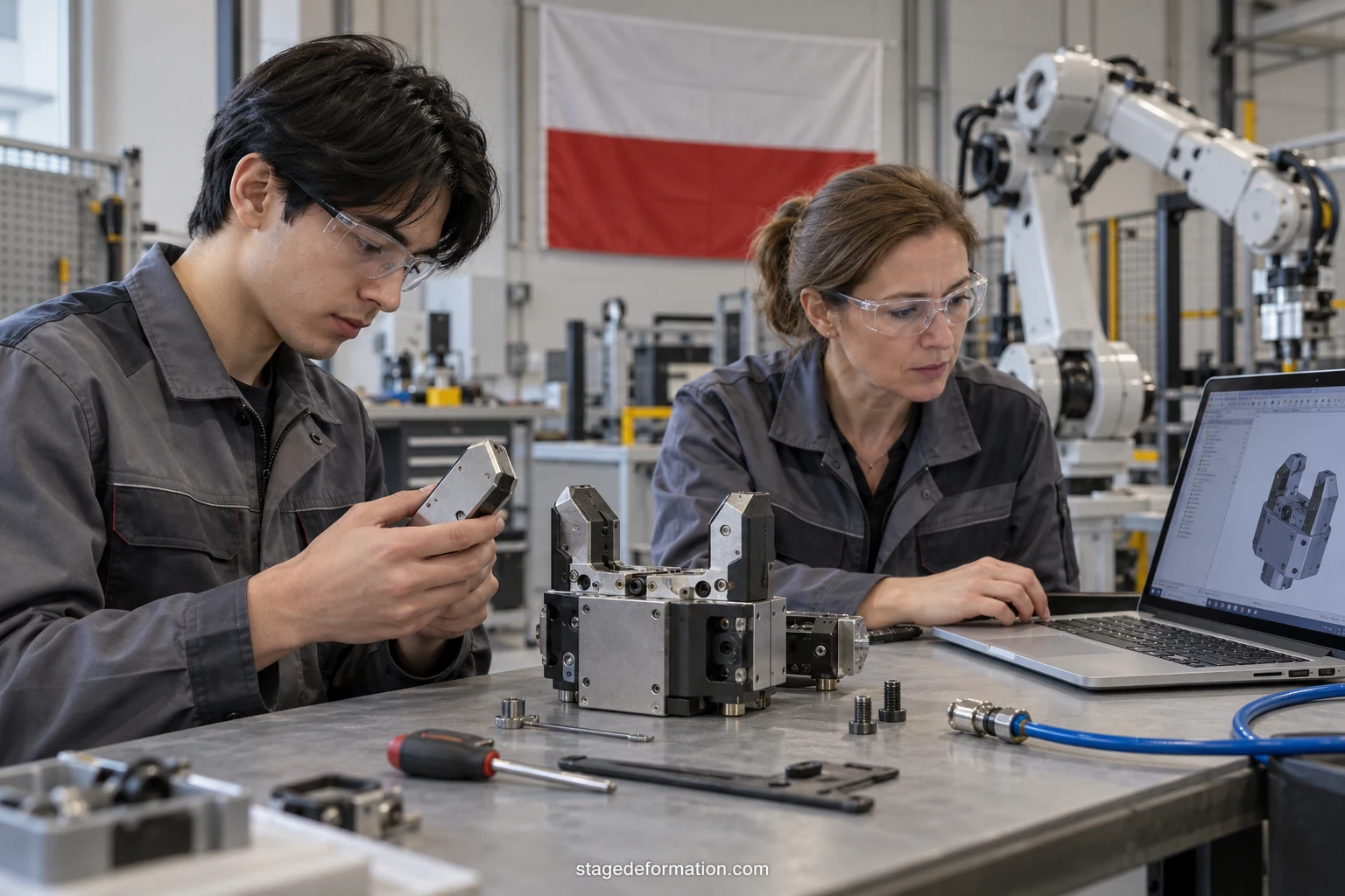 Student inżynierii obserwuje ramię robota w hali przemysłowej w Polsce razem z opiekunem stażu