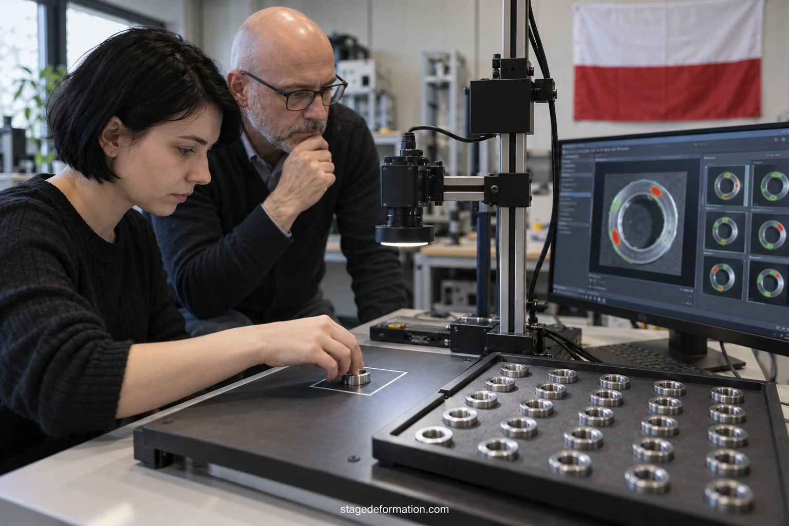 Étudiants en informatique examinant des résultats d’apprentissage automatique sur un écran dans un laboratoire polonais