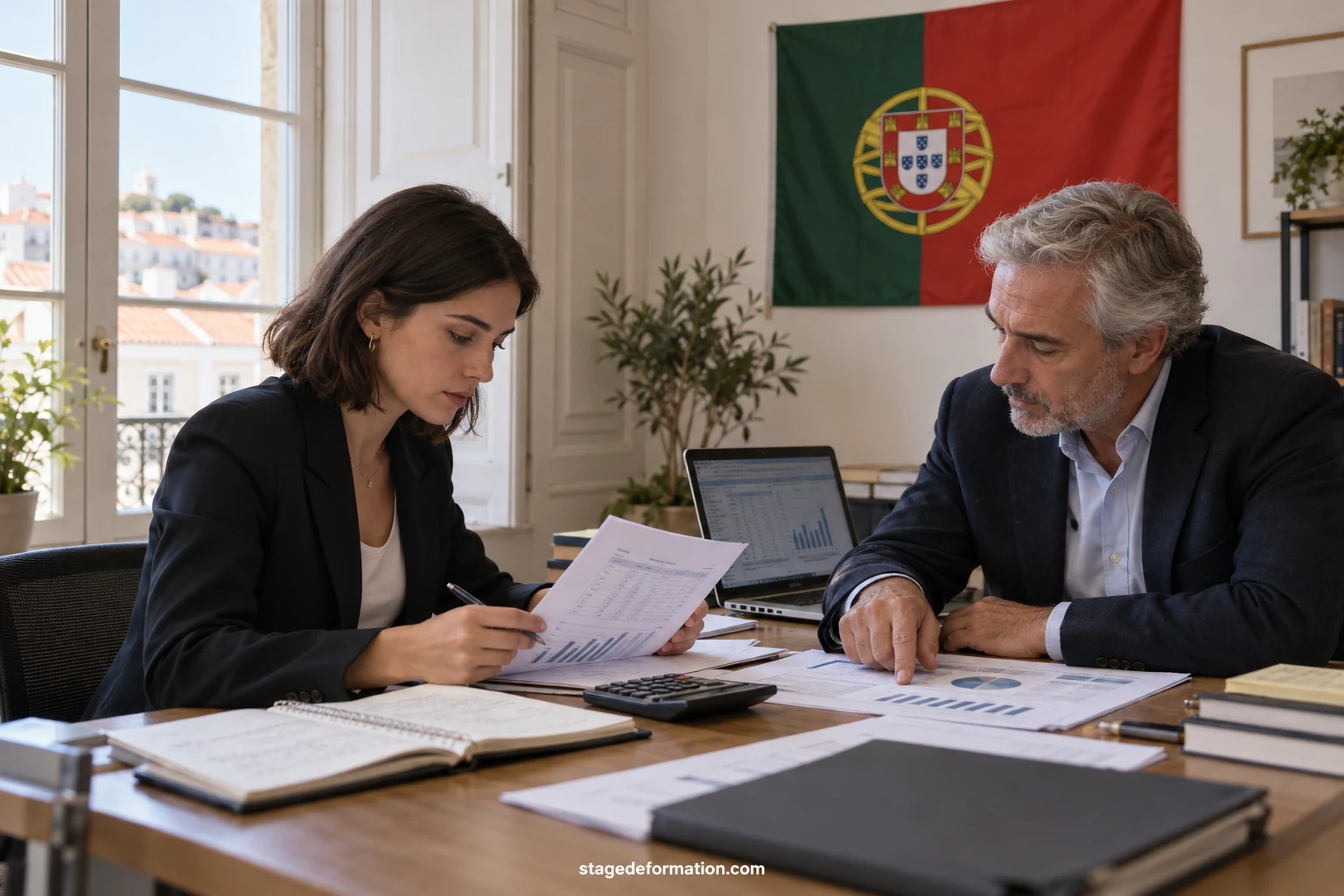 Étudiante et conseillère examinant des tableaux de chiffres sur un ordinateur dans un bureau financier lumineux à Lisbonne