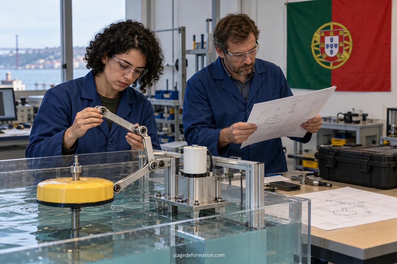 Estudantes de engenharia examinam em conjunto um protótipo de laboratório numa bancada em Portugal
