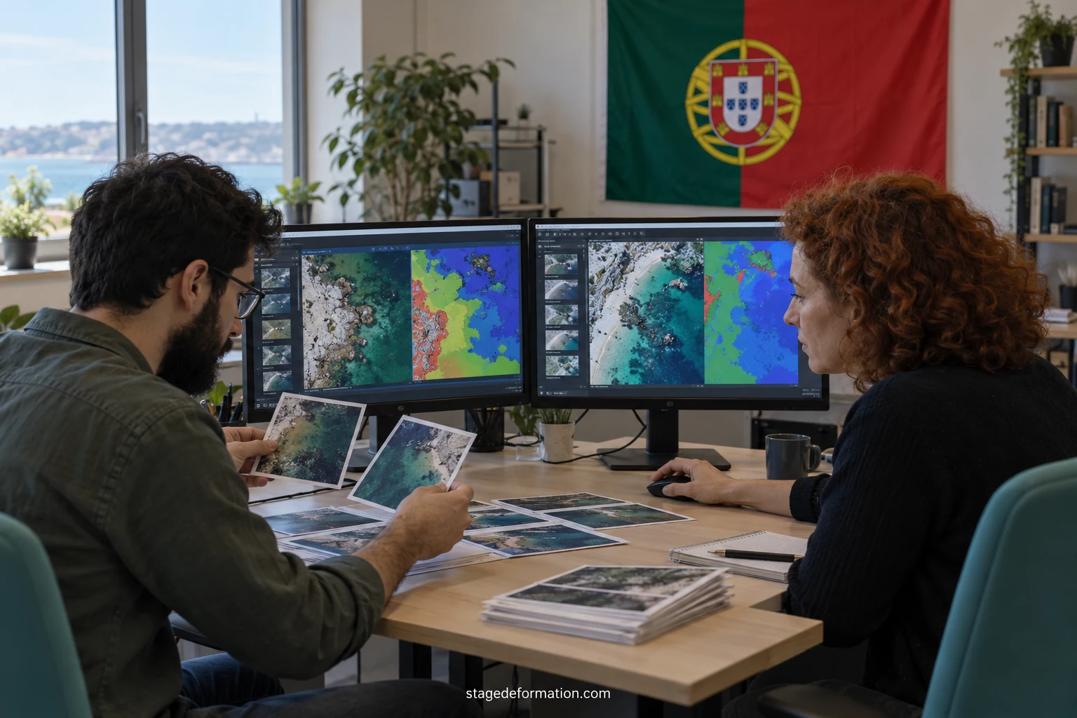 Estudantes diante de um ecrã com curvas de aprendizagem de um modelo, num laboratório de informática português