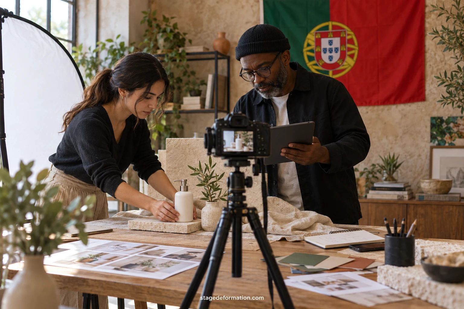 Estagiários de marketing a trabalhar numa campanha de produtos alimentares portugueses à volta de uma mesa de escritório luminosa