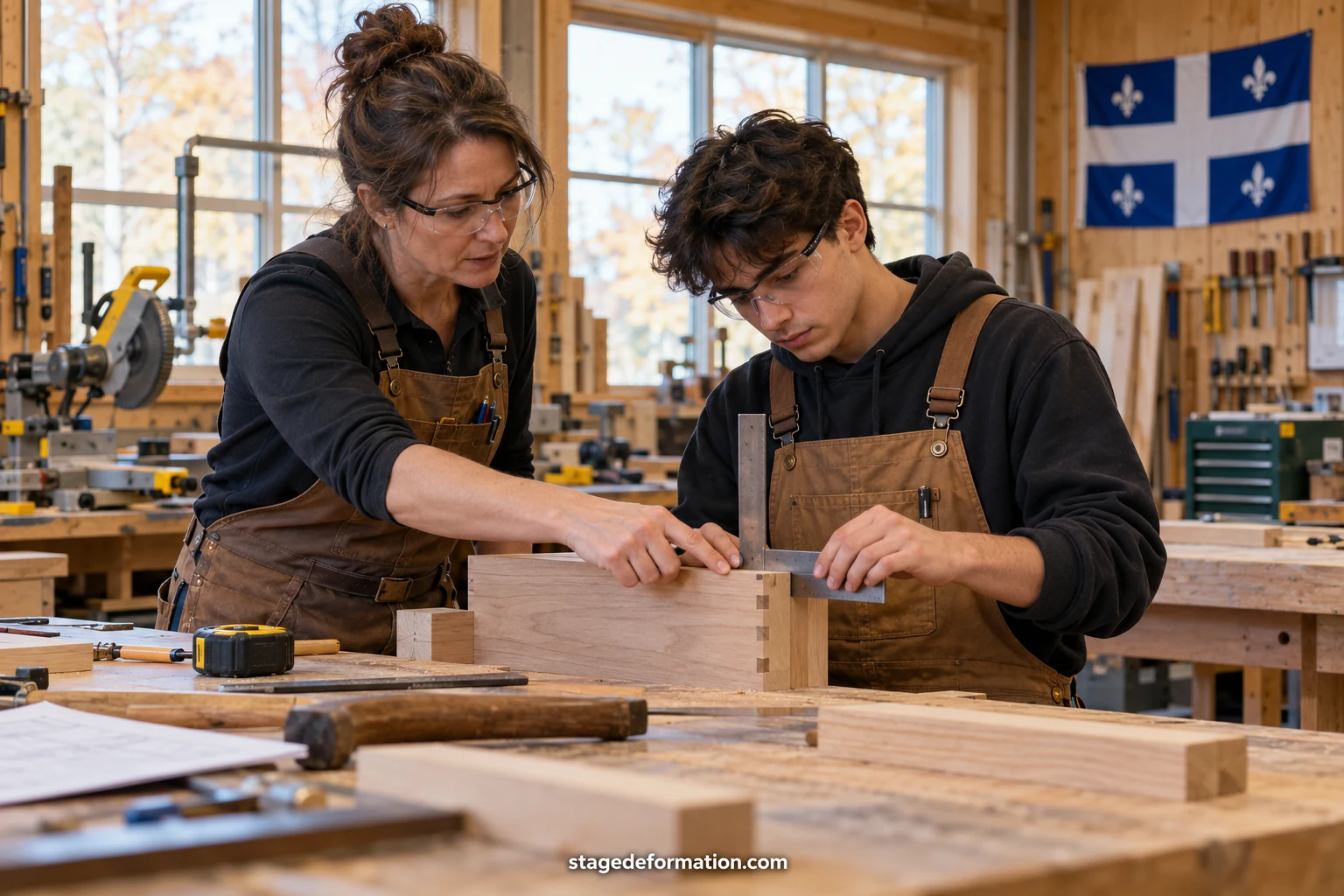 Studierende besprechen im Herbst vor einem Bürogebäude in Montréal ein Praktikumsprojekt