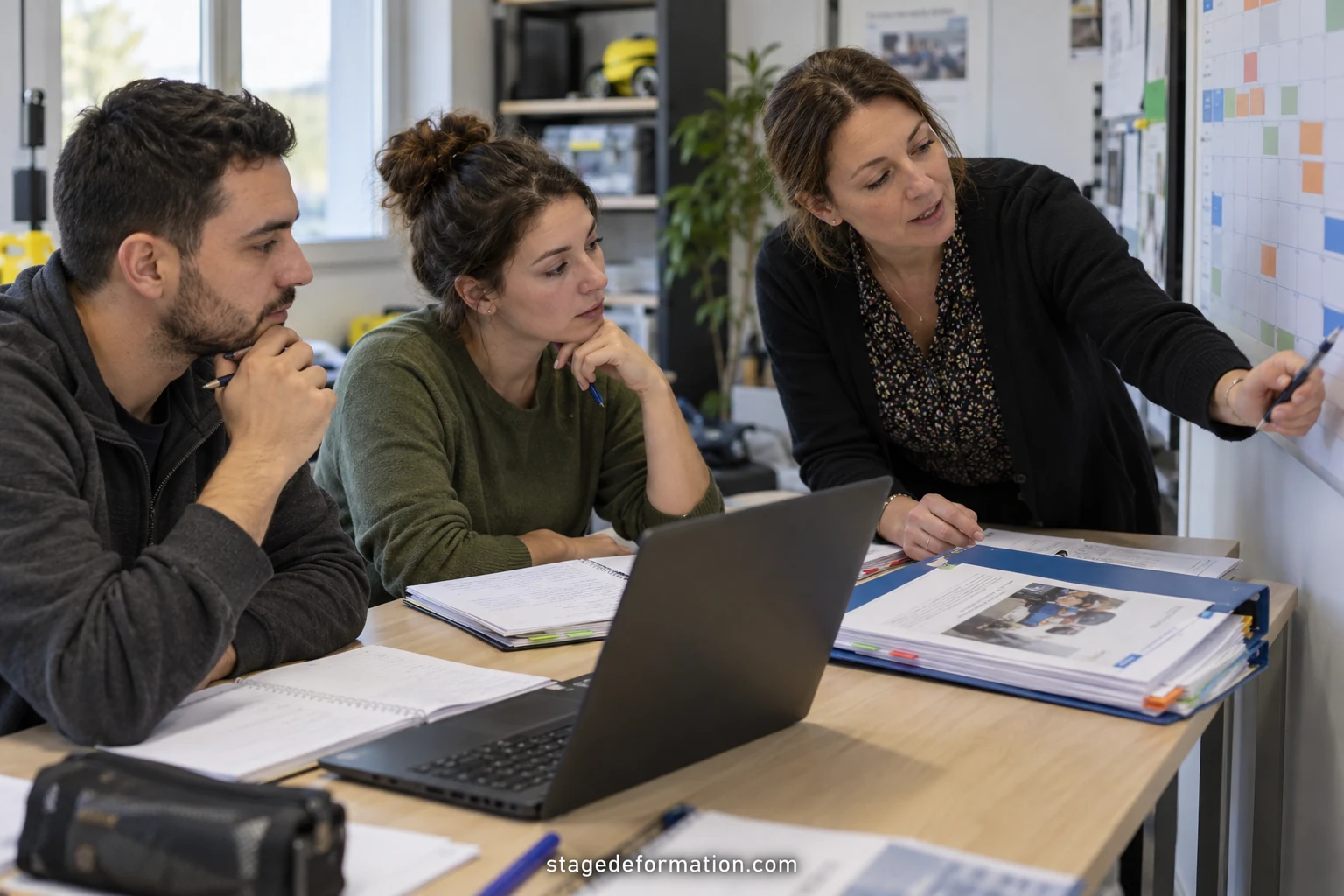 Group of adult learners in a vocational workshop listening to a trainer standing in front of a board